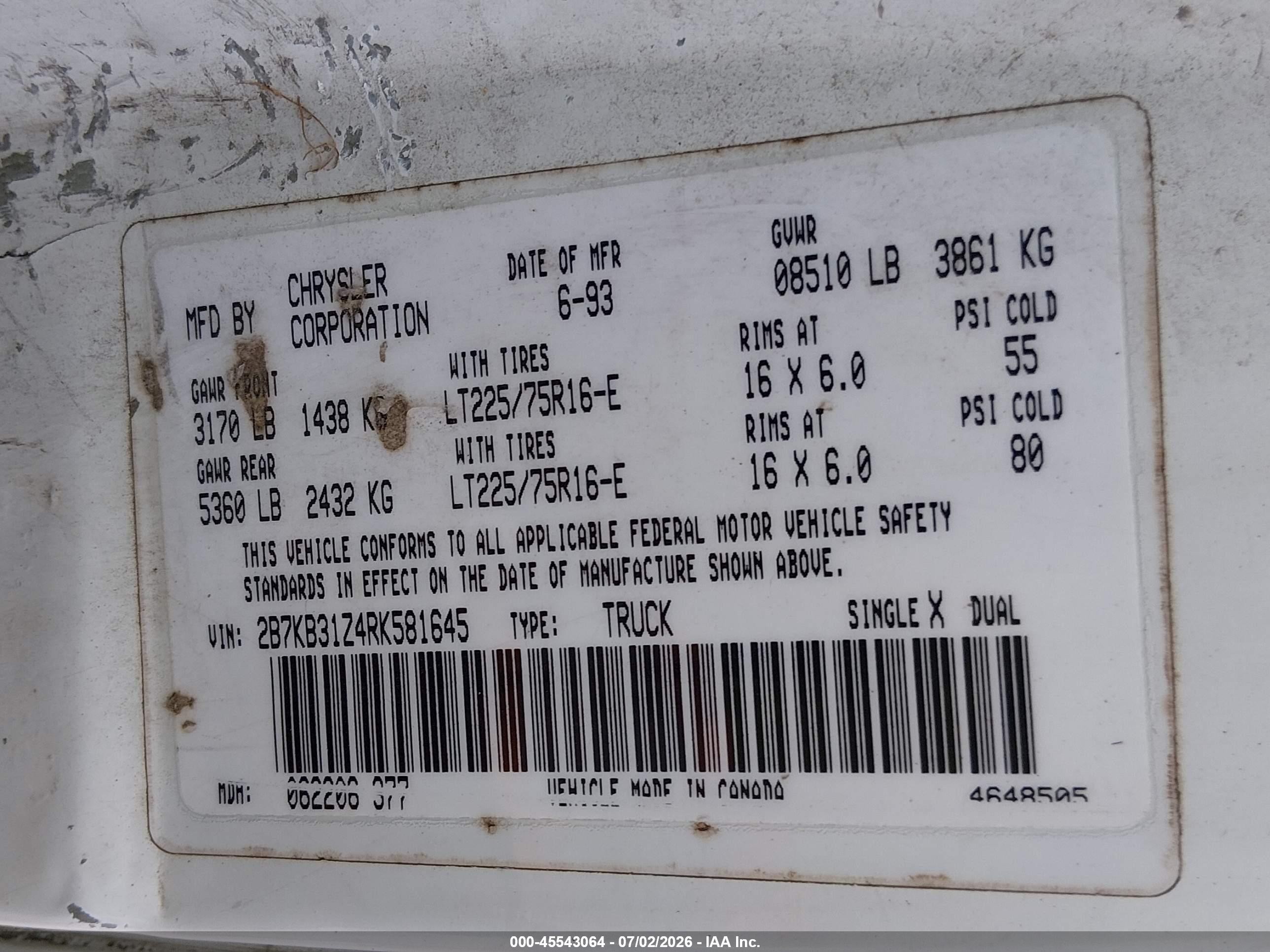 1994 Dodge Ram Van B350 White vin: 2B7KB31Z4RK581645