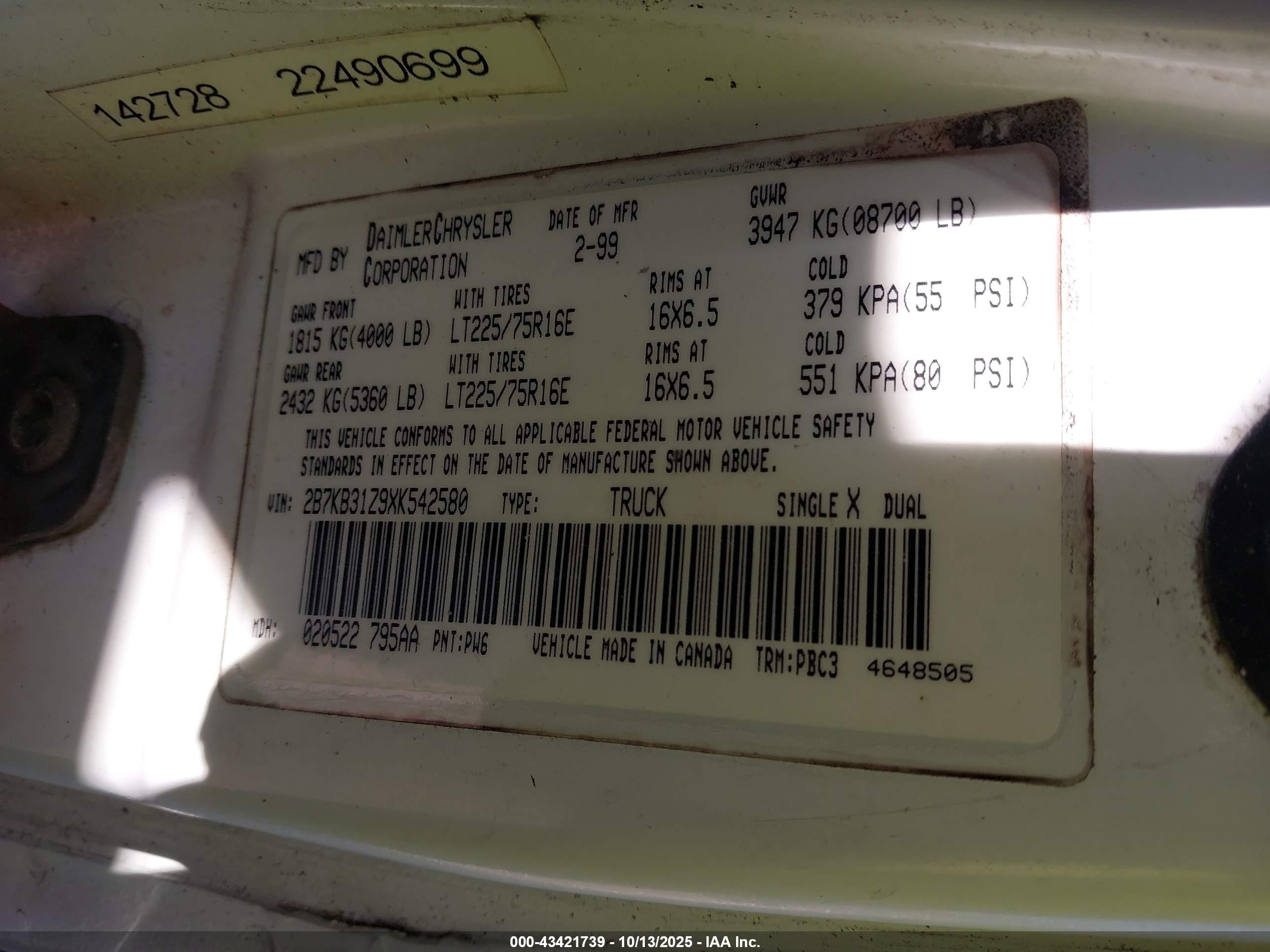 1999 Dodge Ram Van 3500 Commercial/commercial Maxi/conversion White vin: 2B7KB31Z9XK542580