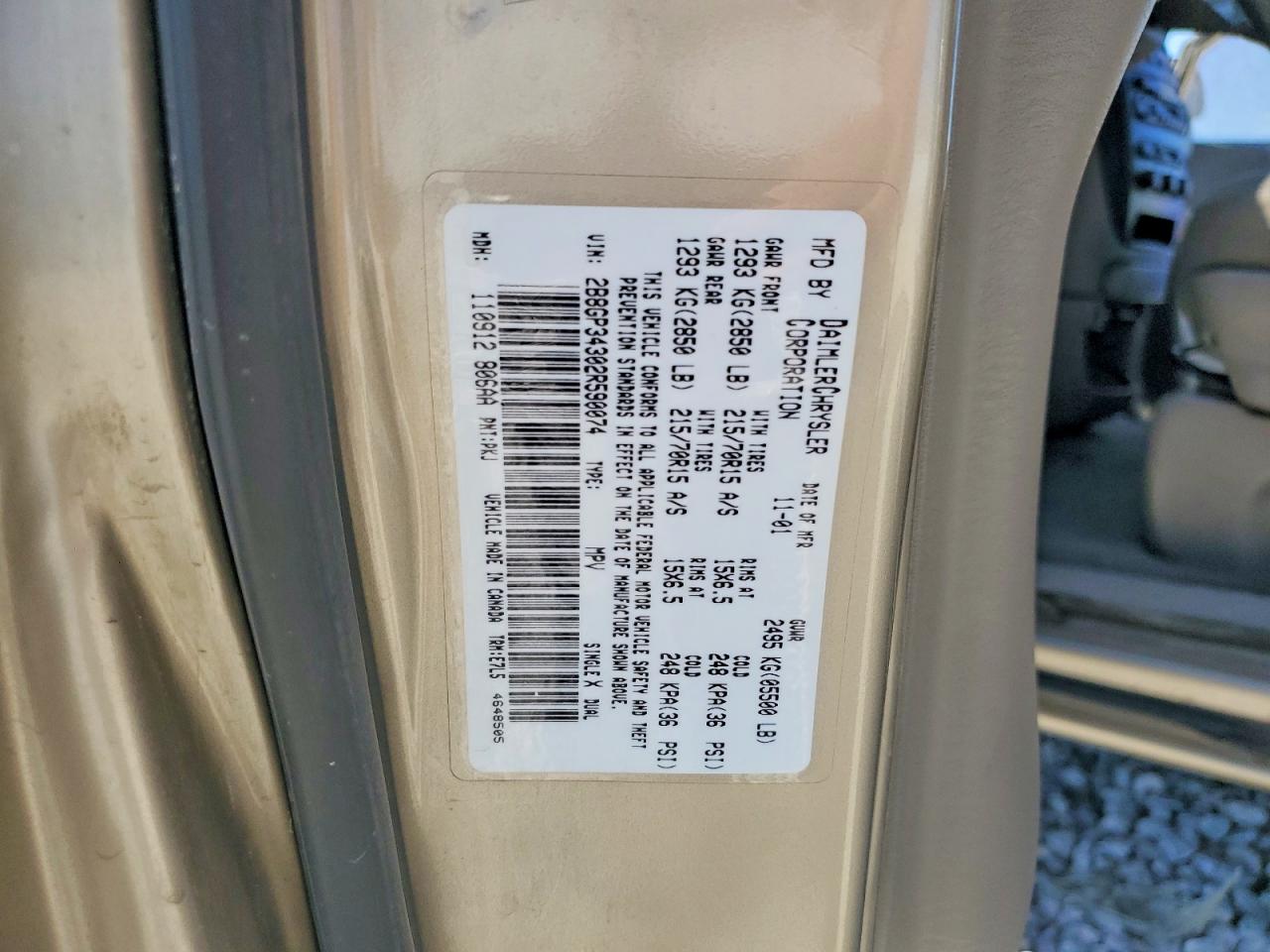 2002 Dodge Grand Caravan El Золотой vin: 2B8GP34302R590074