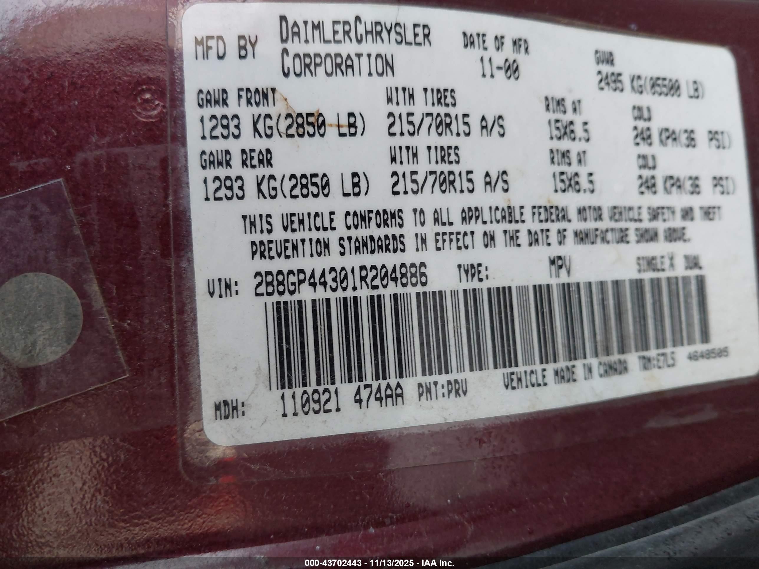 2001 Dodge Grand Caravan Sport Red vin: 2B8GP44301R204886