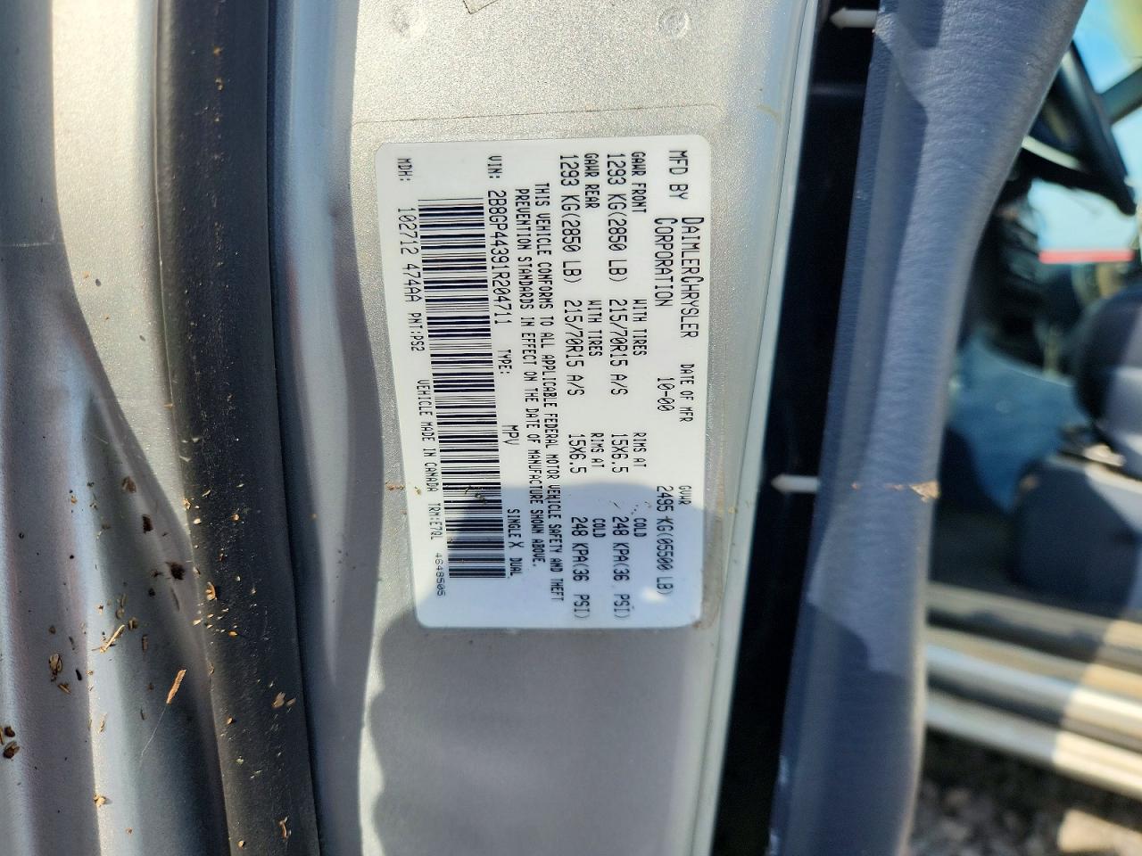 2001 Dodge Grand Caravan Sport Silver vin: 2B8GP44391R204711
