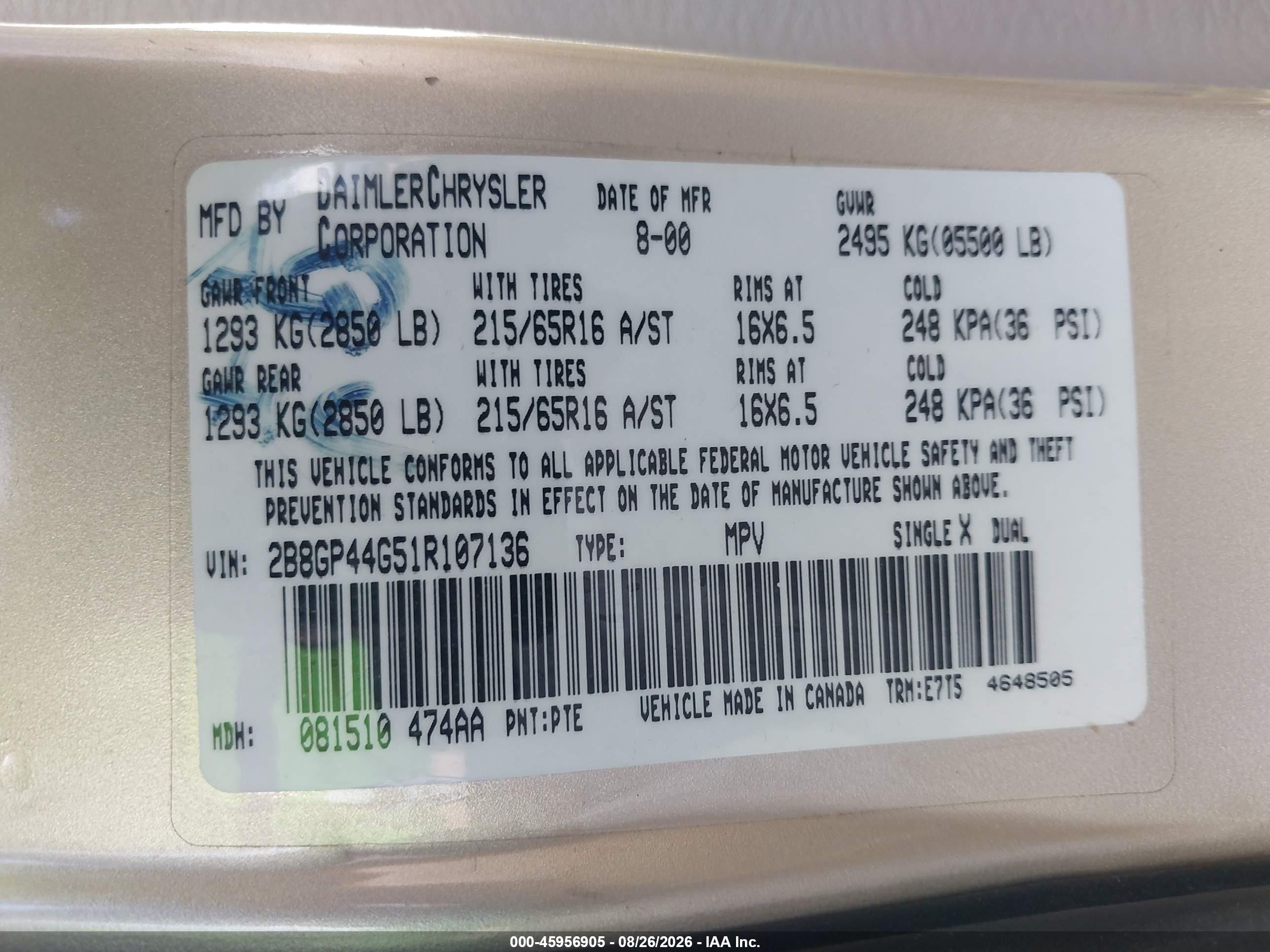 2001 Dodge Grand Caravan Sport Золотой vin: 2B8GP44G51R107136