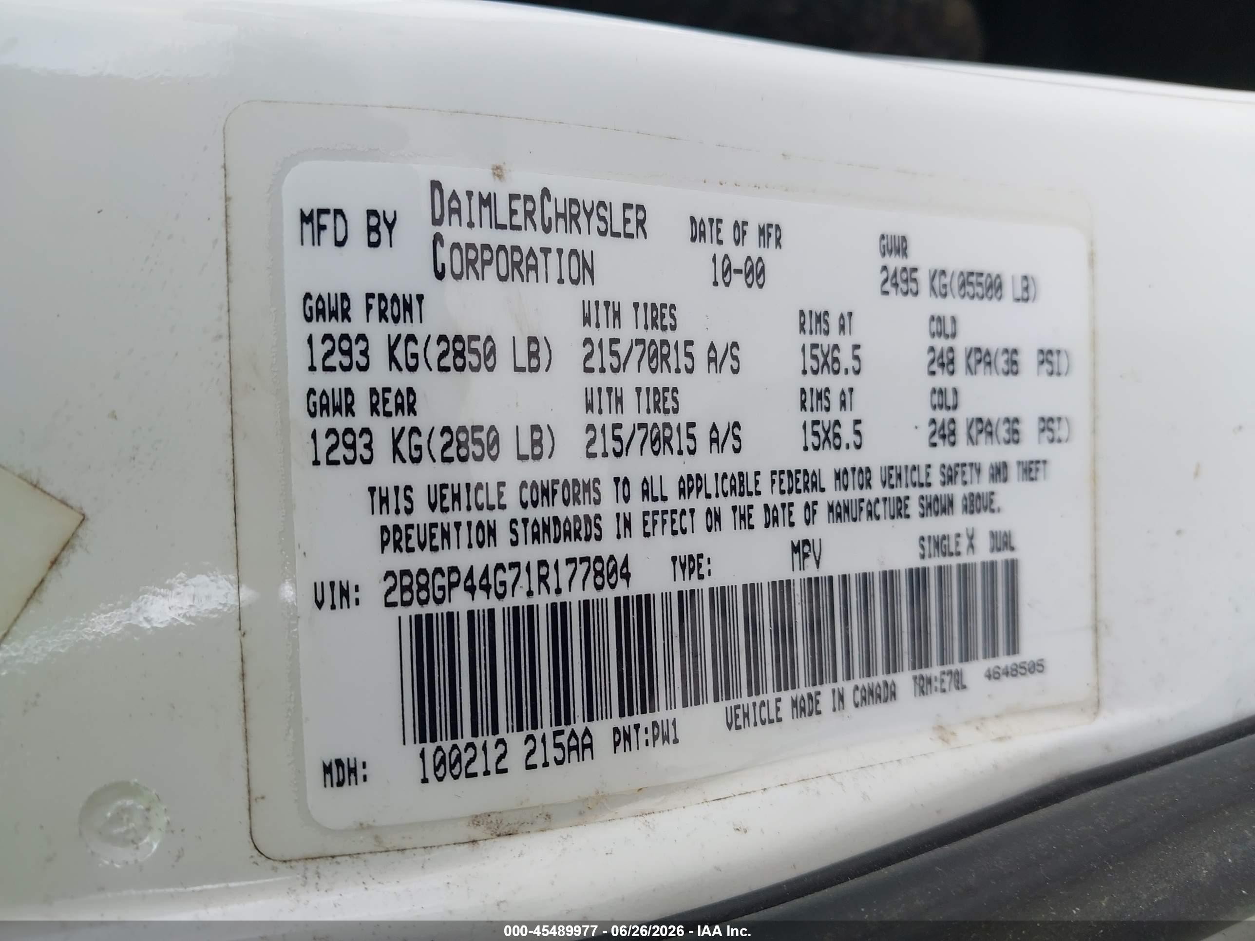 2001 Dodge Grand Caravan Sport Белый vin: 2B8GP44G71R177804
