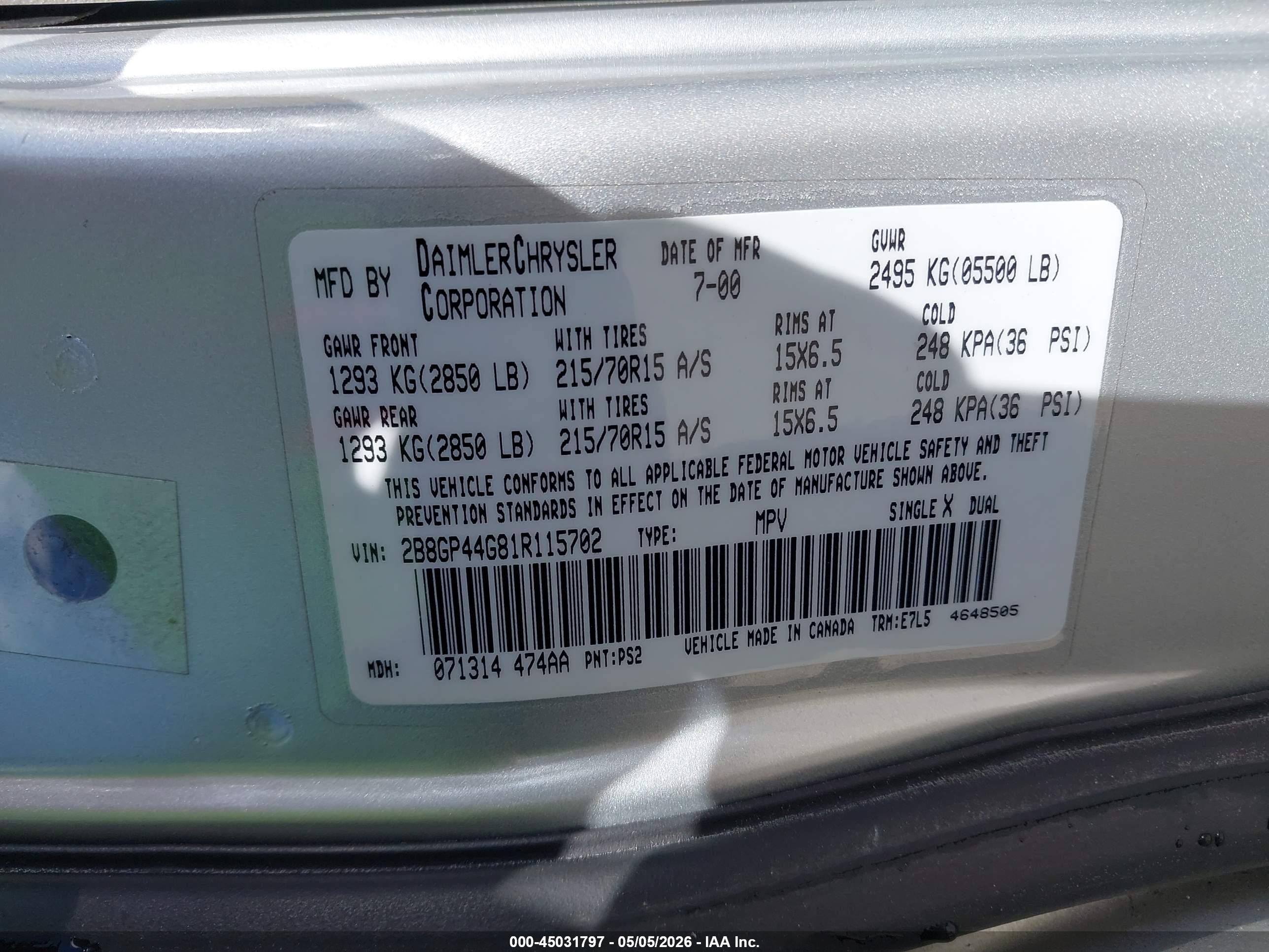 2001 Dodge Grand Caravan Sport Gray vin: 2B8GP44G81R115702
