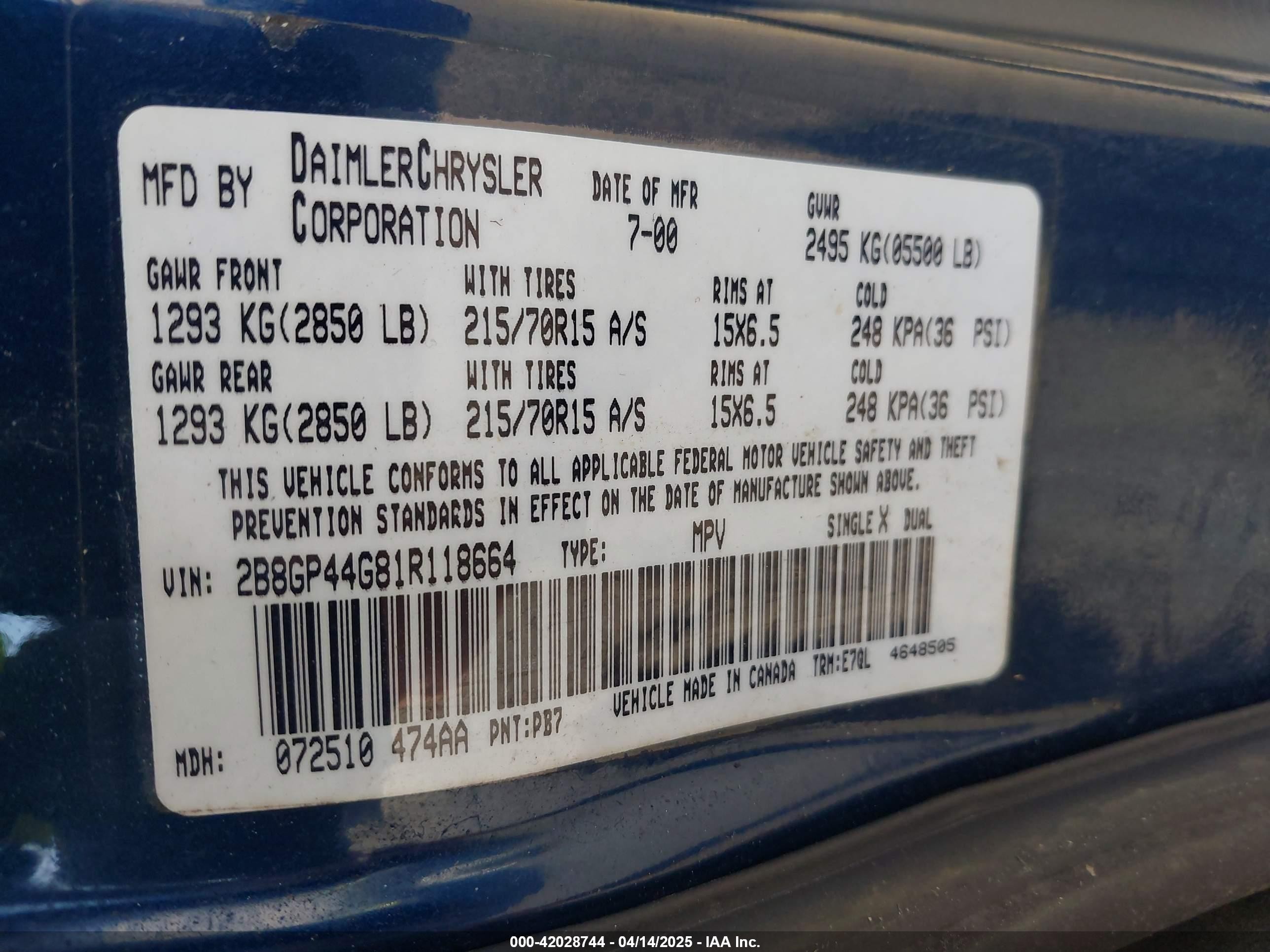 2001 Dodge Grand Caravan Sport Blue vin: 2B8GP44G81R118664