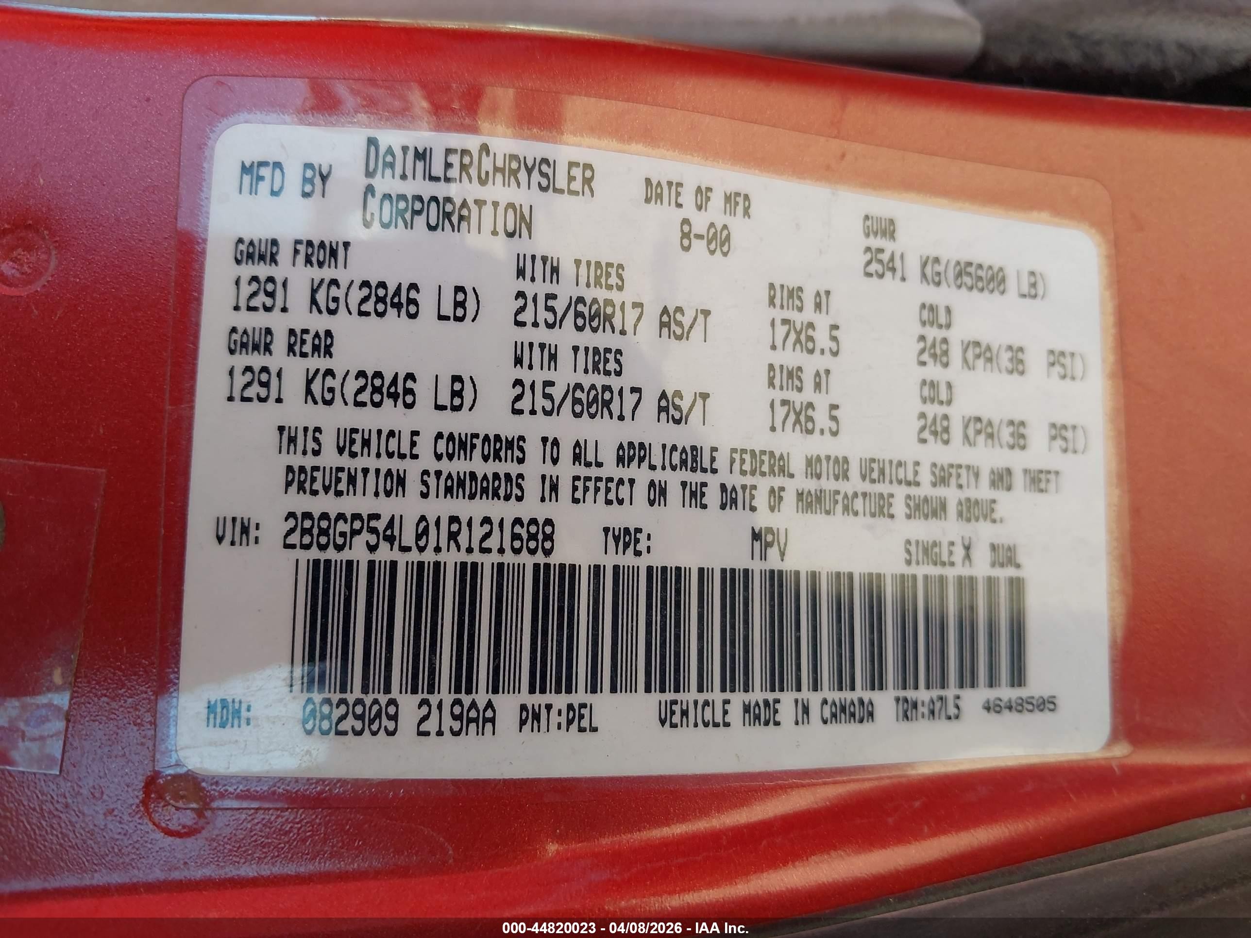 2001 Dodge Grand Caravan Es Red vin: 2B8GP54L01R121688