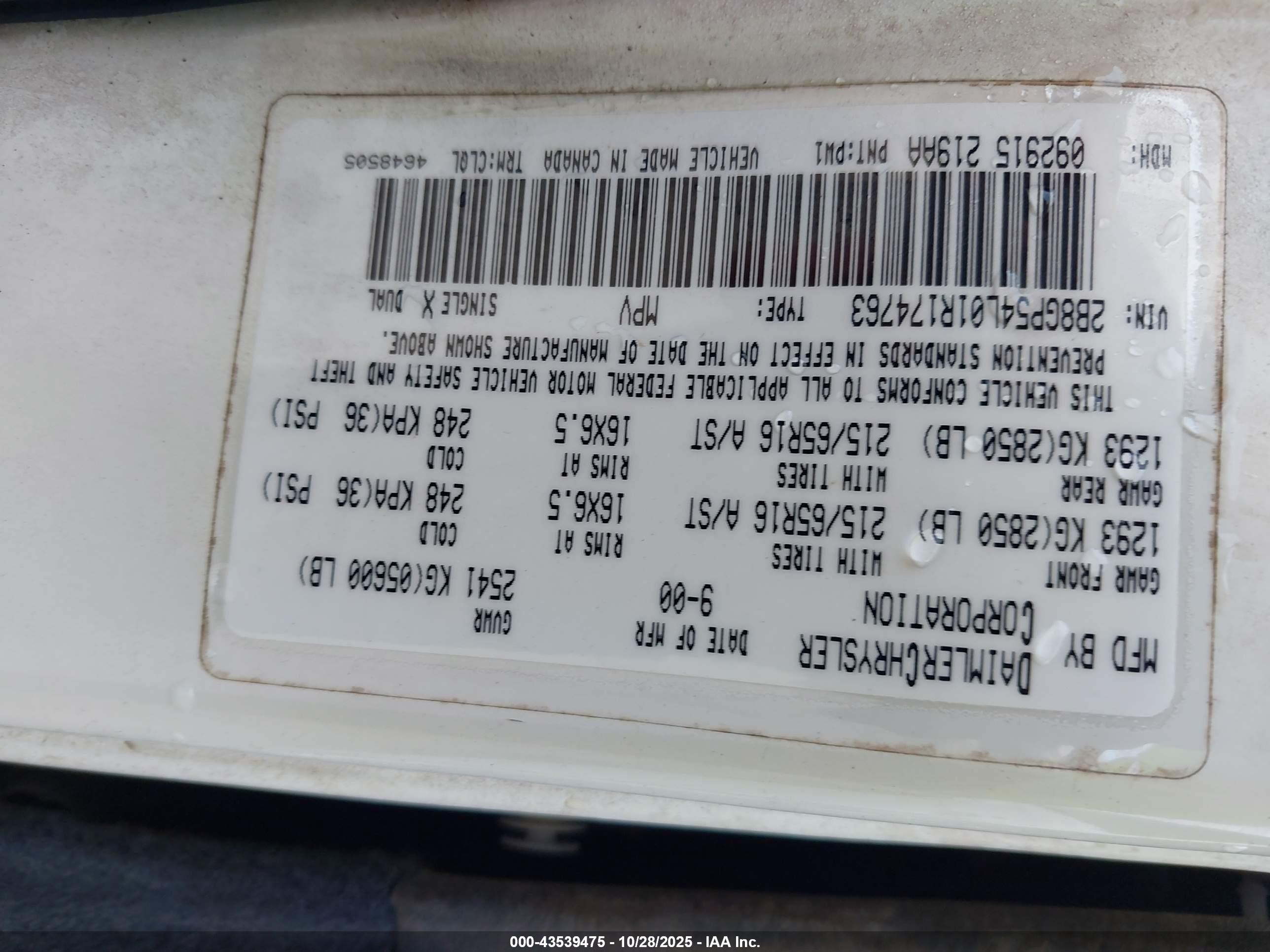 2001 Dodge Grand Caravan Es White vin: 2B8GP54L01R174763