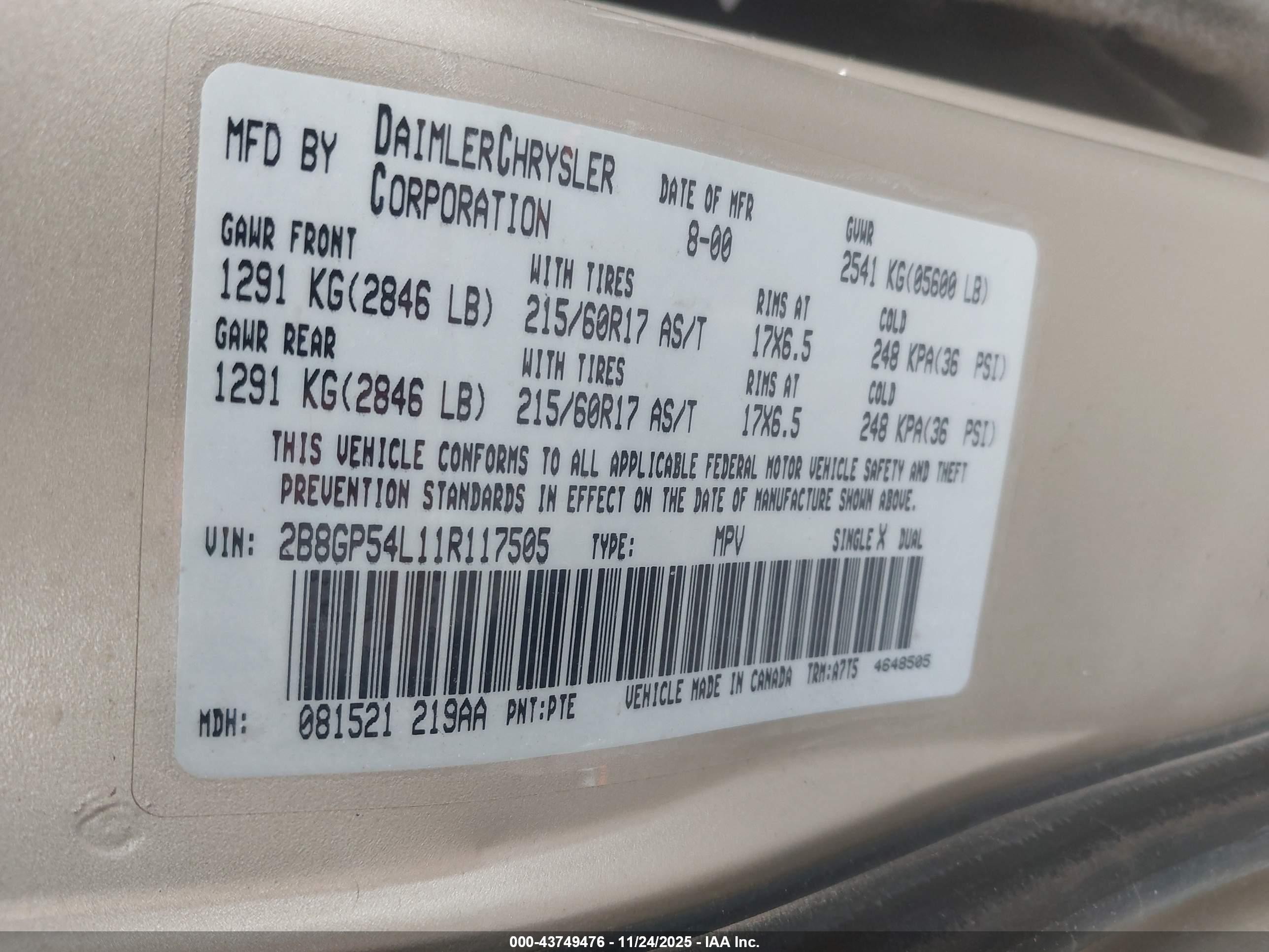 2001 Dodge Grand Caravan Es Gold vin: 2B8GP54L11R117505