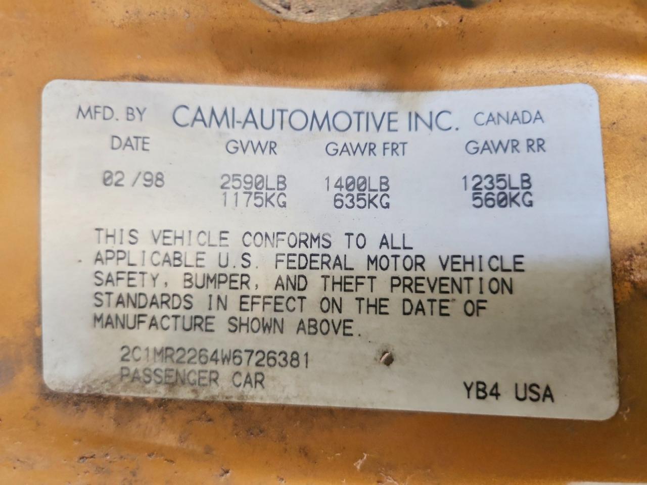 1998 Chevrolet Metro Gold vin: 2C1MR2264W6726381