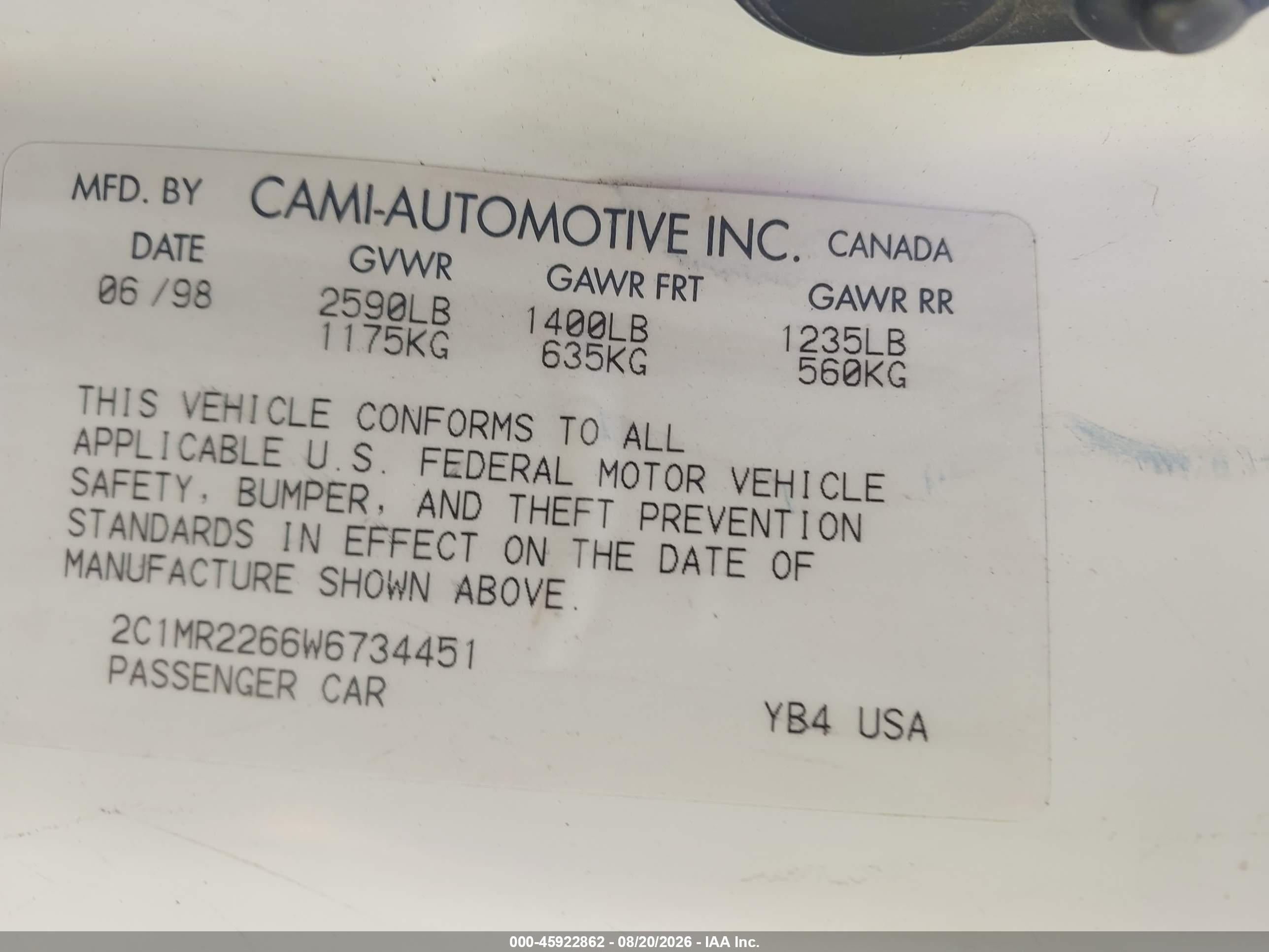 1998 Chevrolet Metro   White vin: 2C1MR2266W6734451