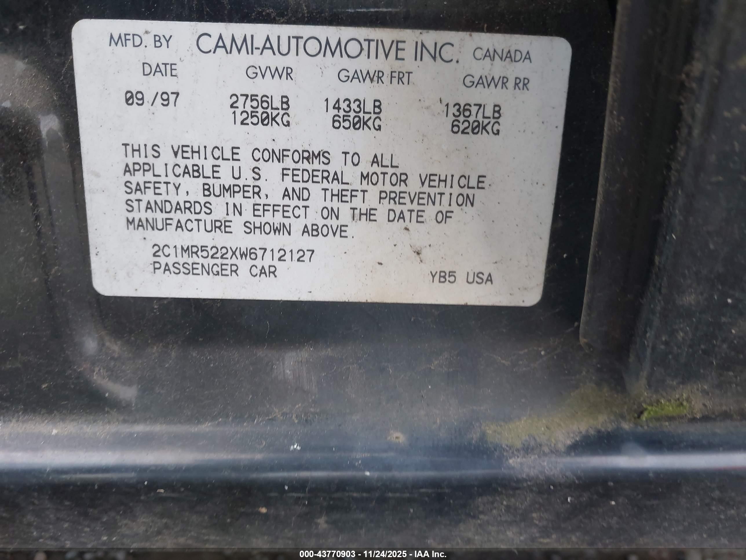 1998 Chevrolet Metro Lsi Black vin: 2C1MR522XW6712127