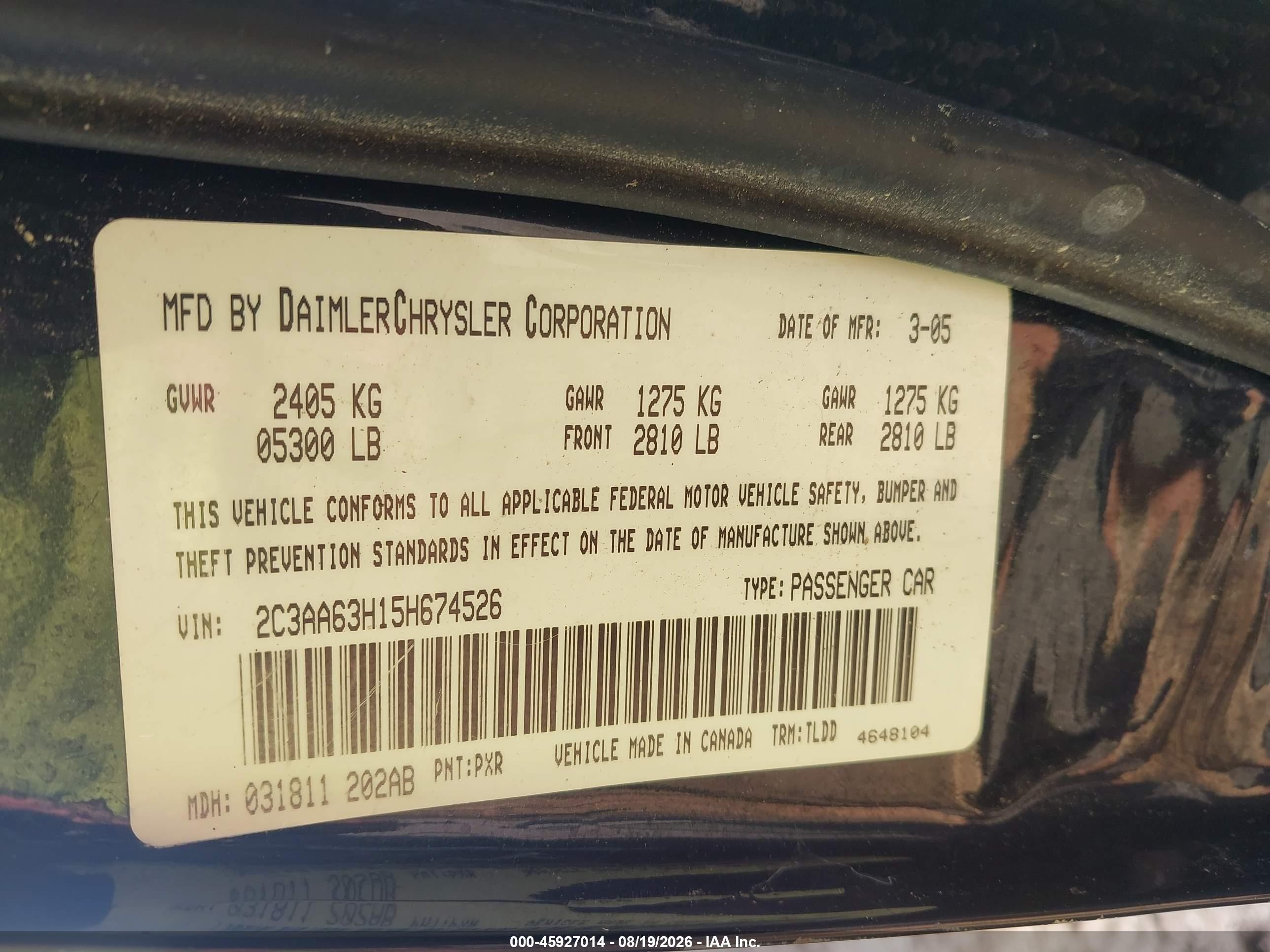 2005 Chrysler 300c   Black vin: 2C3AA63H15H674526