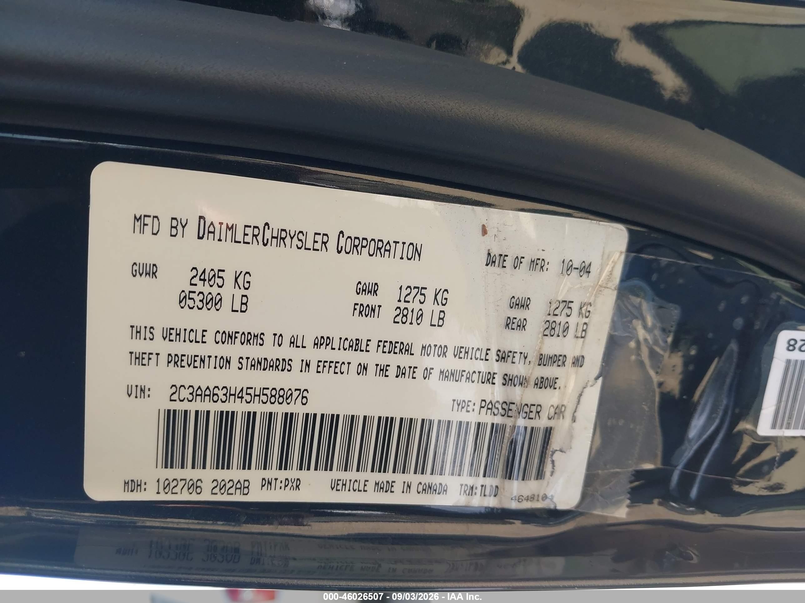 2005 Chrysler 300c   Black vin: 2C3AA63H45H588076