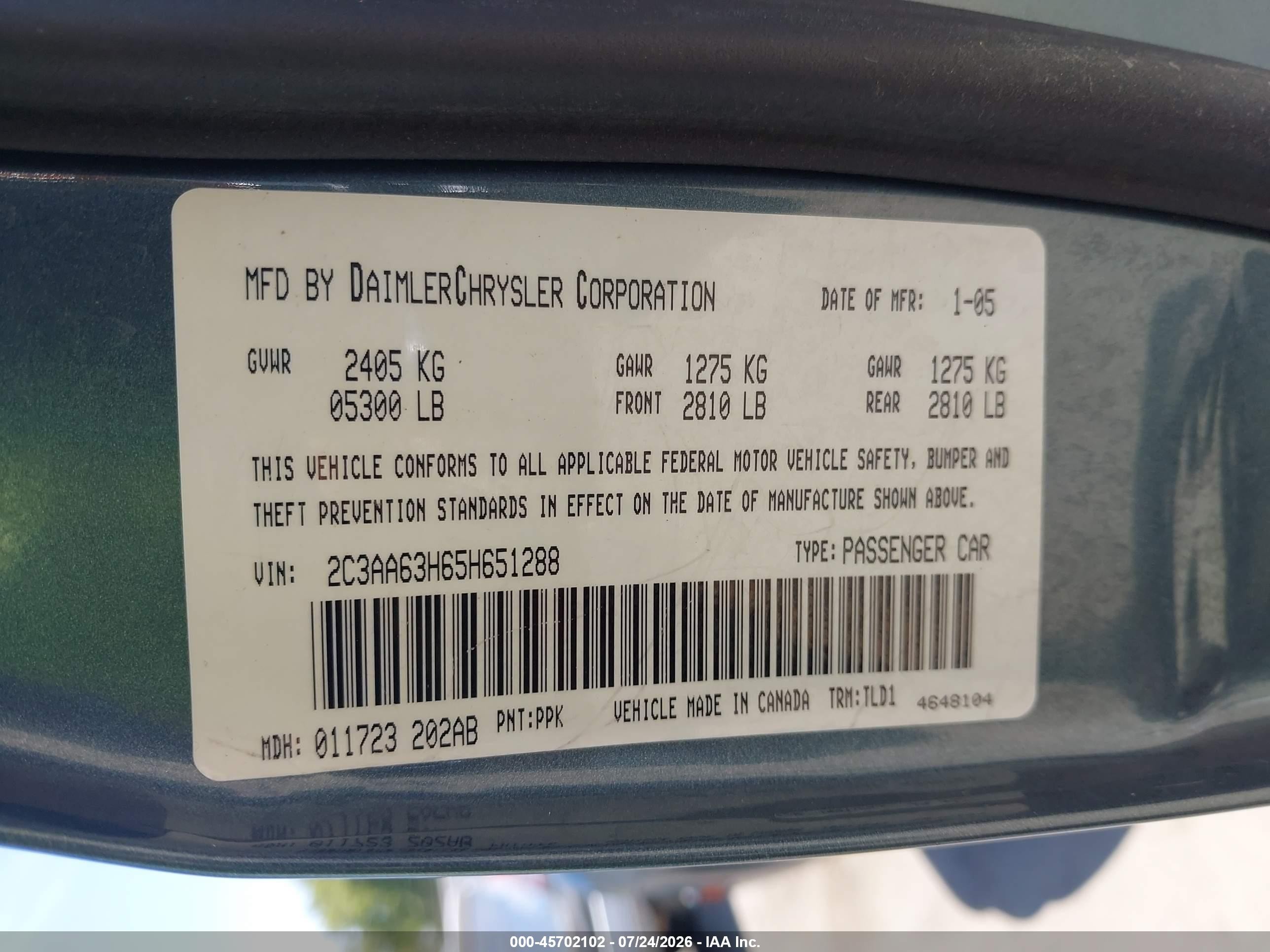 2005 Chrysler 300c   Blue vin: 2C3AA63H65H651288