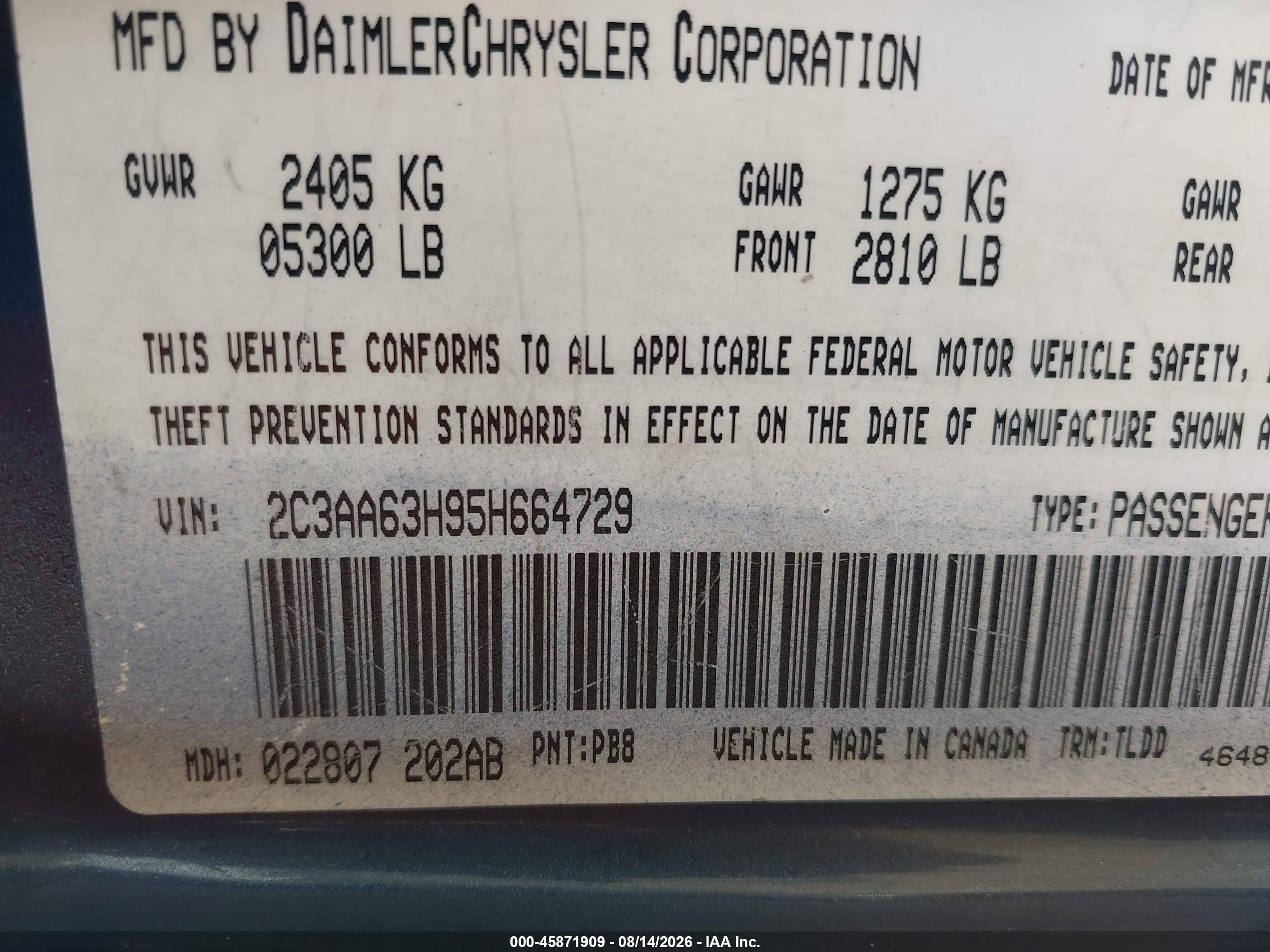 2005 Chrysler 300c   Blue vin: 2C3AA63H95H664729