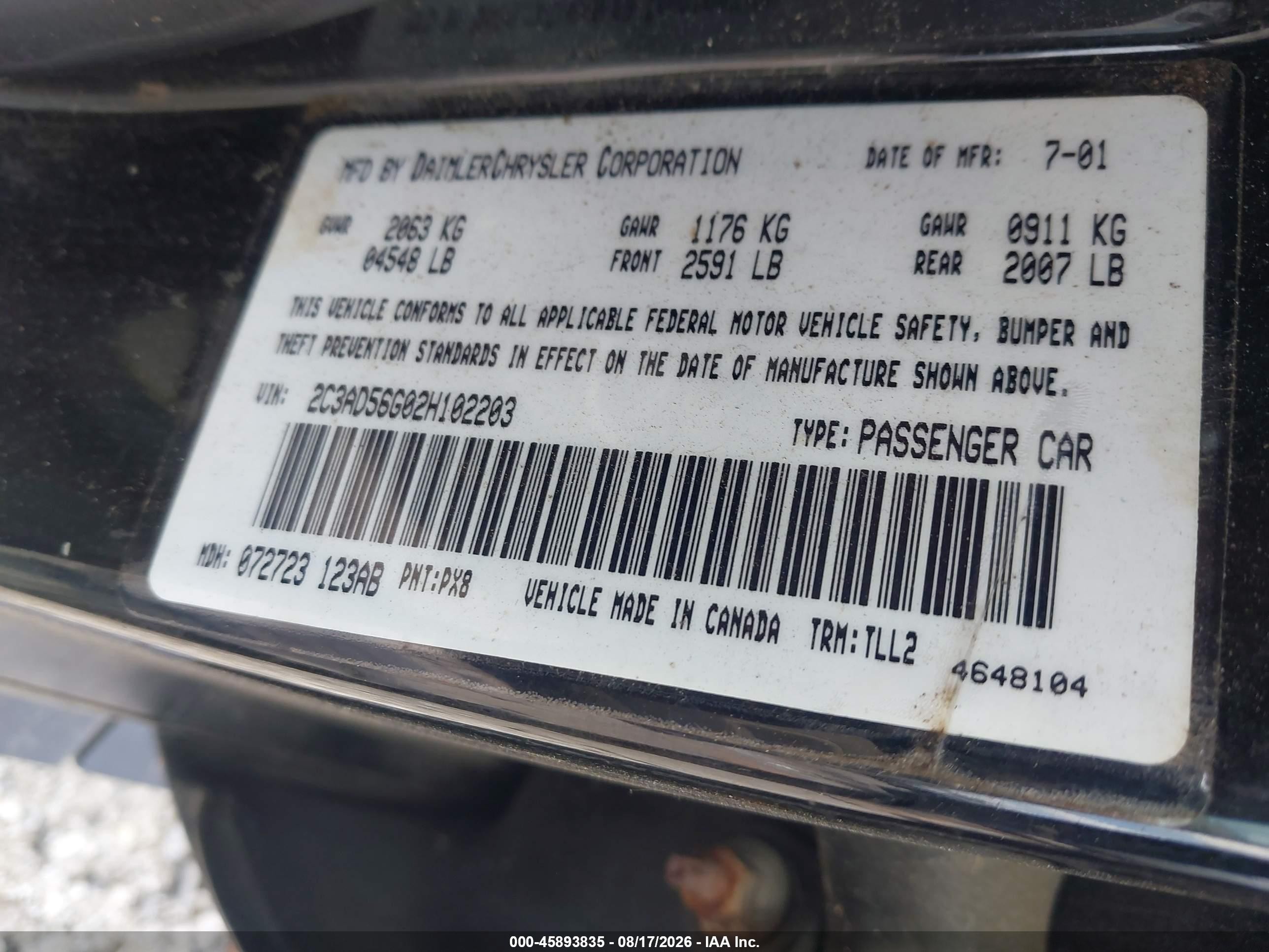 2002 Chrysler Concorde Limited Black vin: 2C3AD56G02H102203