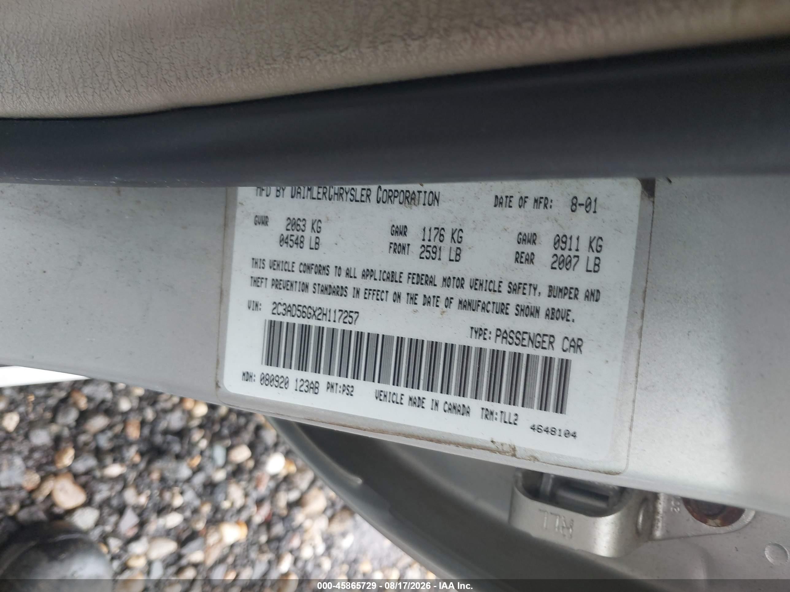 2002 Chrysler Concorde Limited Silver vin: 2C3AD56GX2H117257