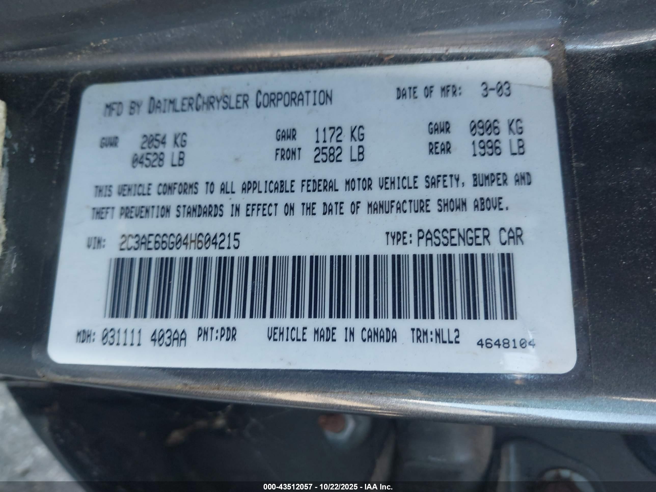 2004 Chrysler 300m   Gray vin: 2C3AE66G04H604215