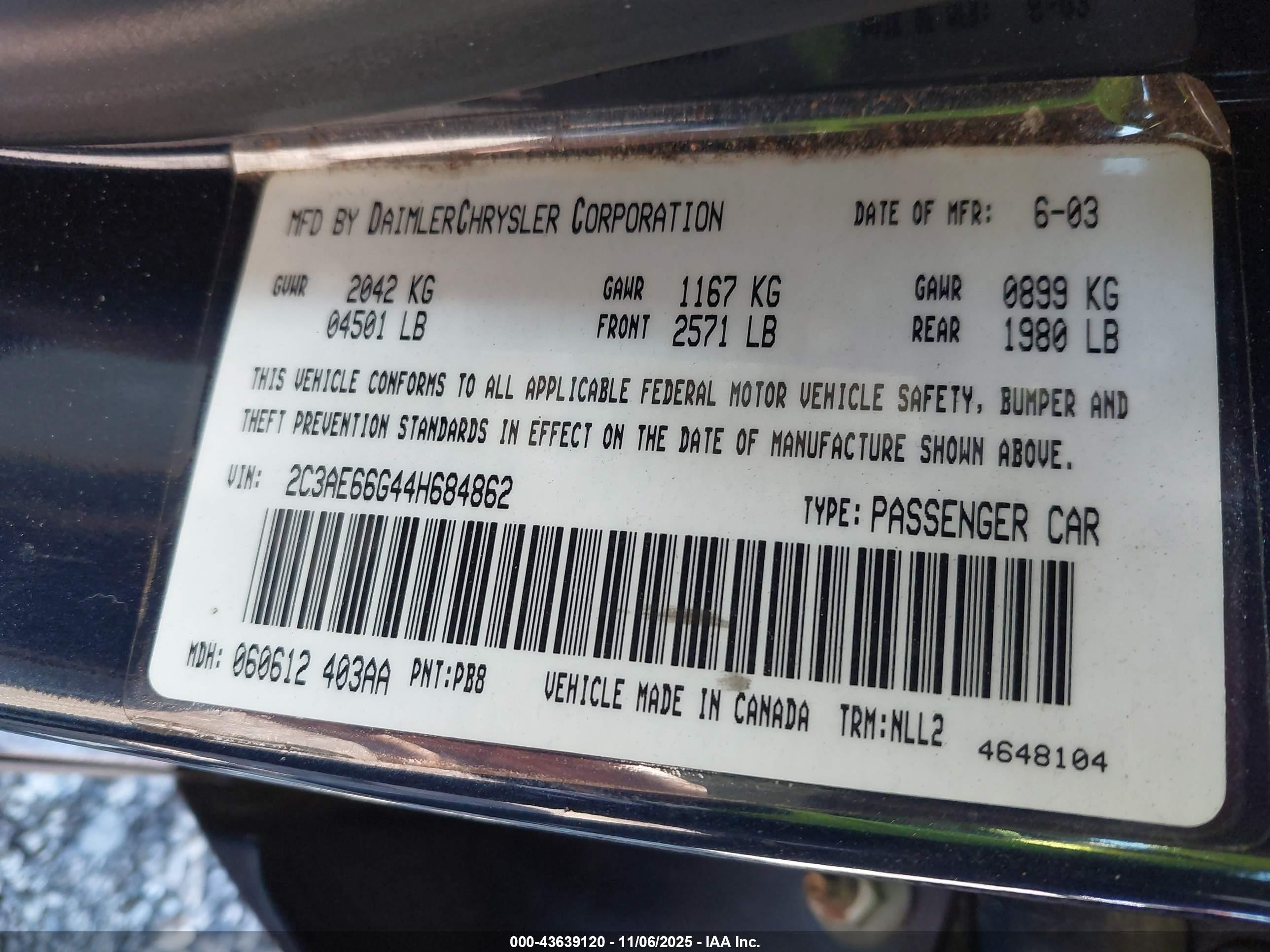 2004 Chrysler 300m   Blue vin: 2C3AE66G44H684862