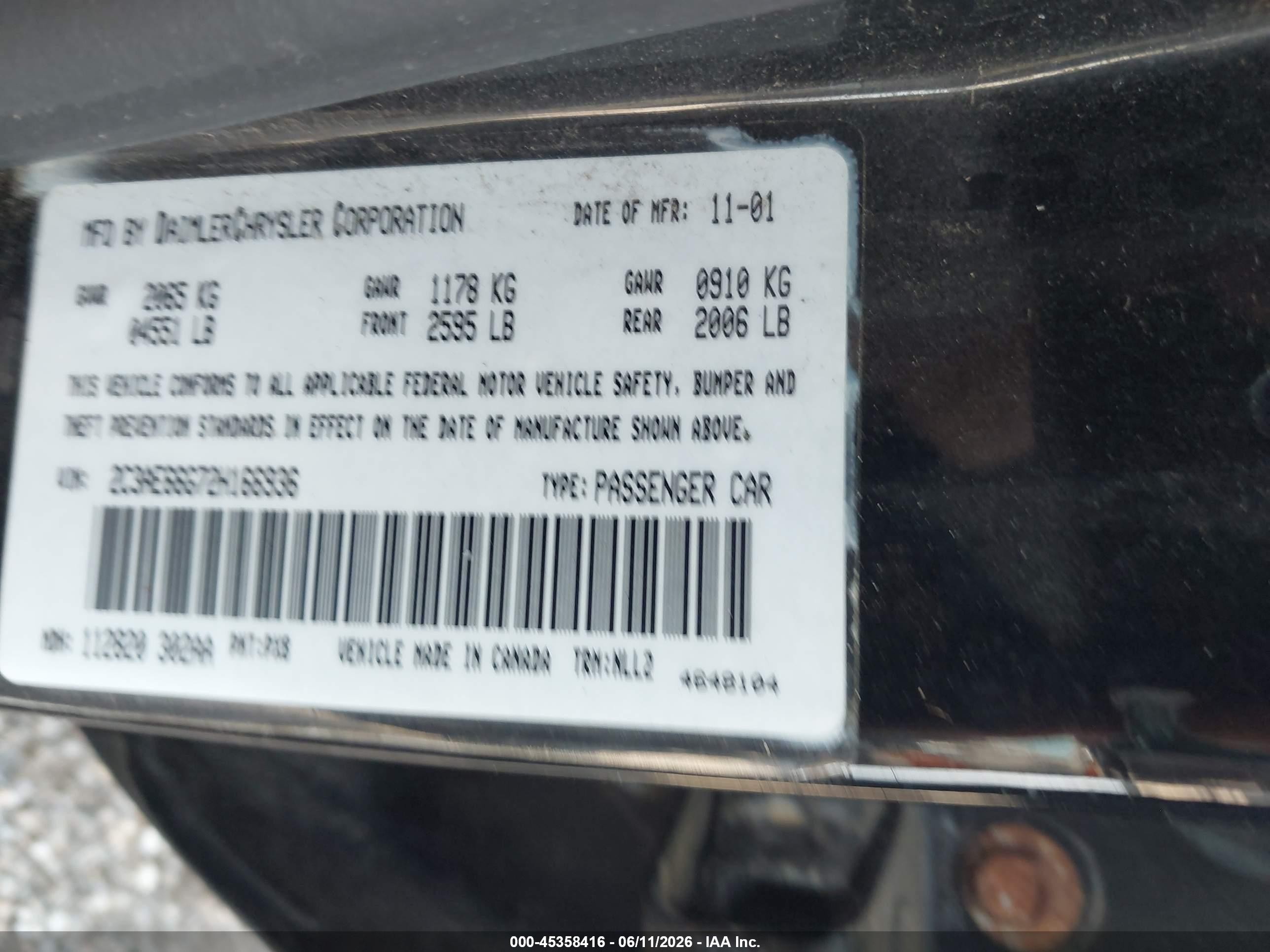 2002 Chrysler 300m   Black vin: 2C3AE66G72H166936