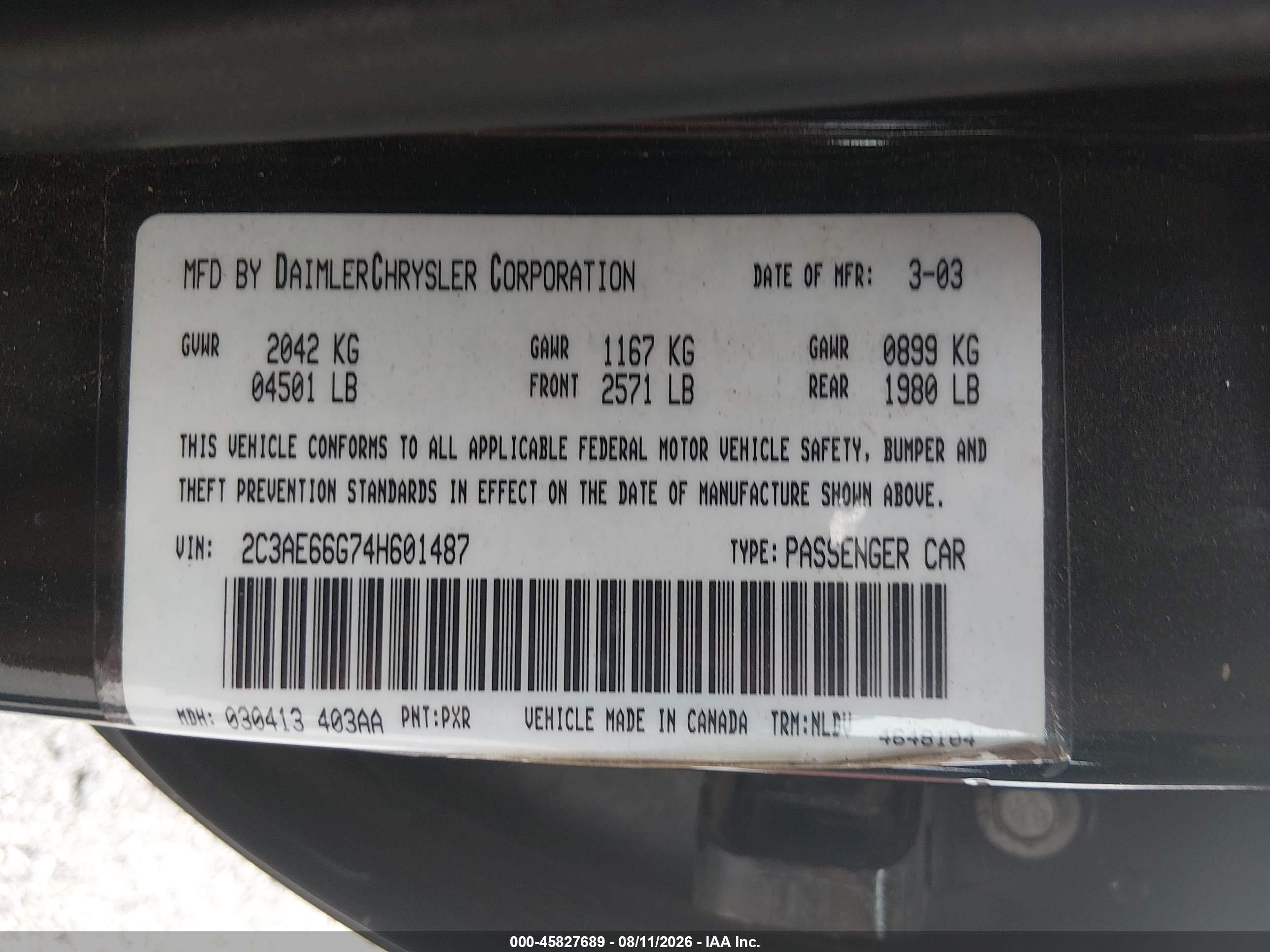 2004 Chrysler 300m   Black vin: 2C3AE66G74H601487