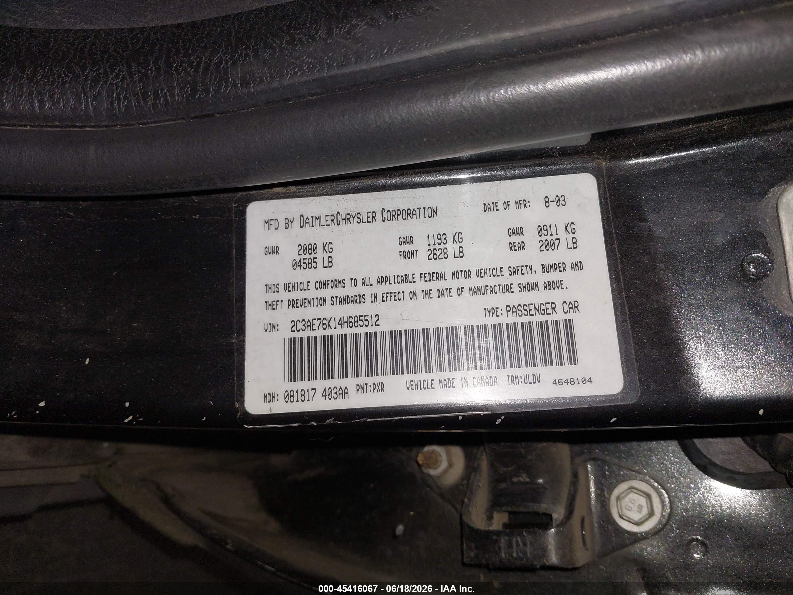 2004 Chrysler 300m Special Black vin: 2C3AE76K14H685512