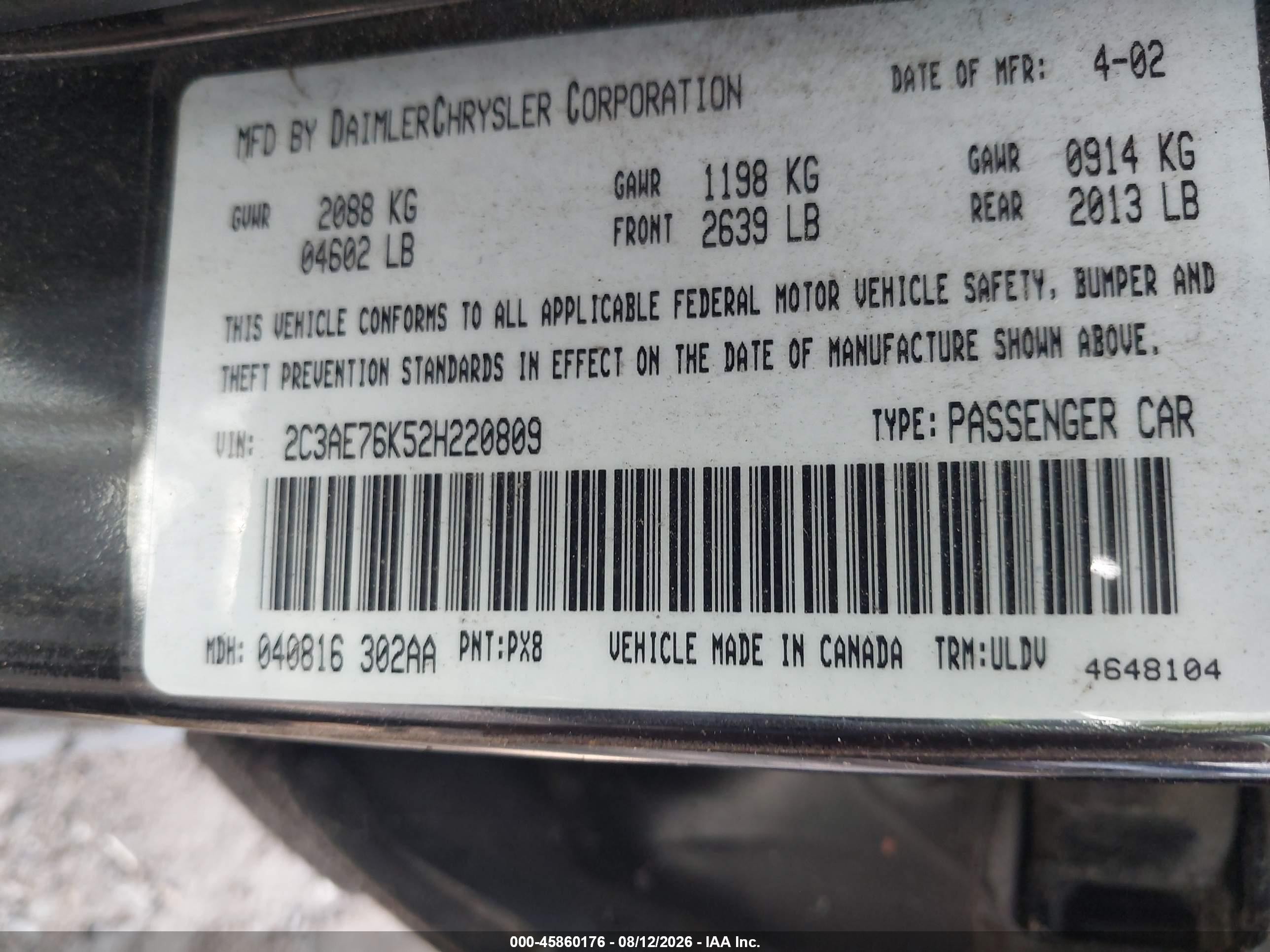 2002 Chrysler 300m Special Edition Black vin: 2C3AE76K52H220809