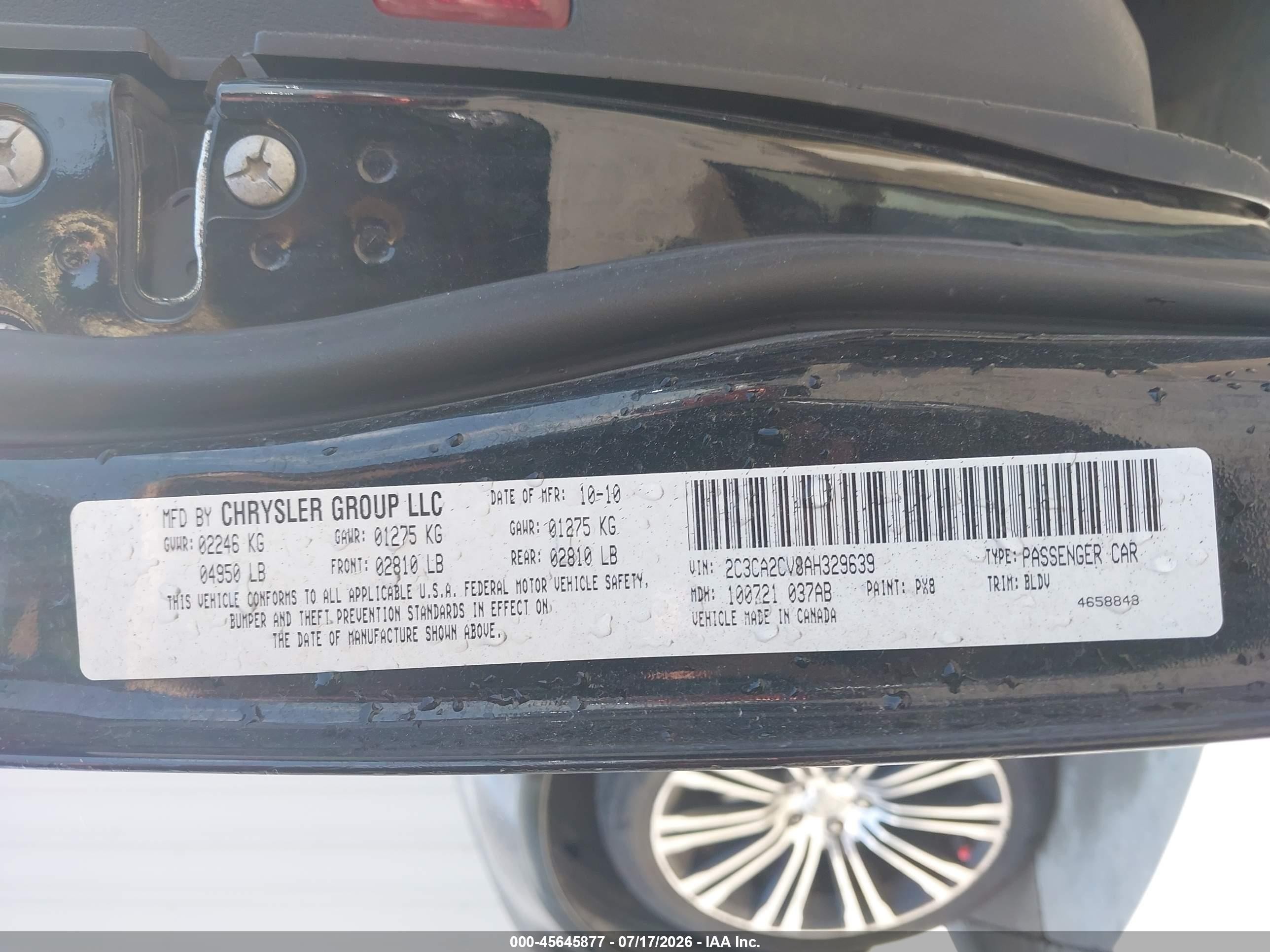 2010 Chrysler 300 300s V6 Black vin: 2C3CA2CV8AH329639