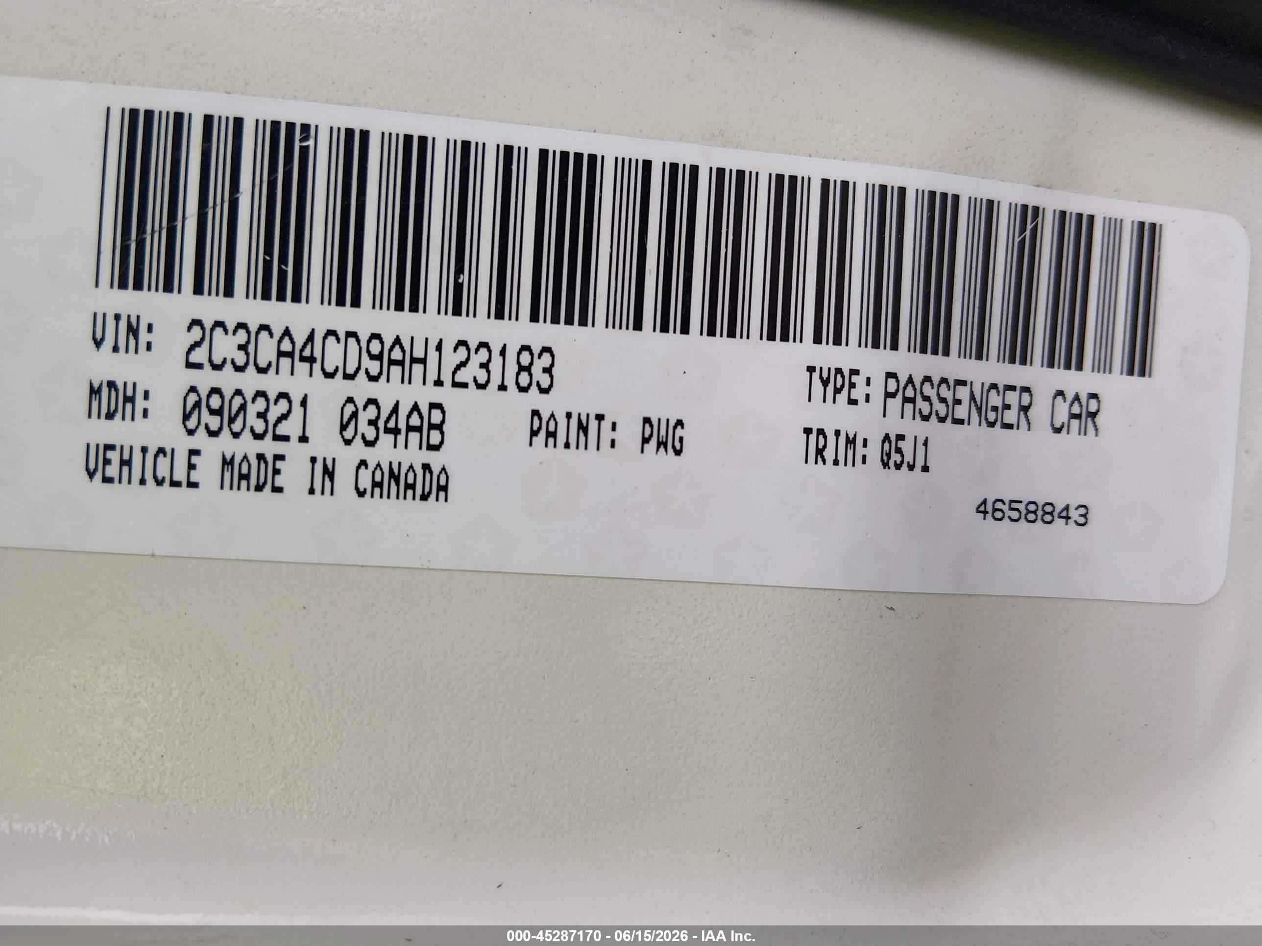 2010 Chrysler 300 Touring White vin: 2C3CA4CD9AH123183