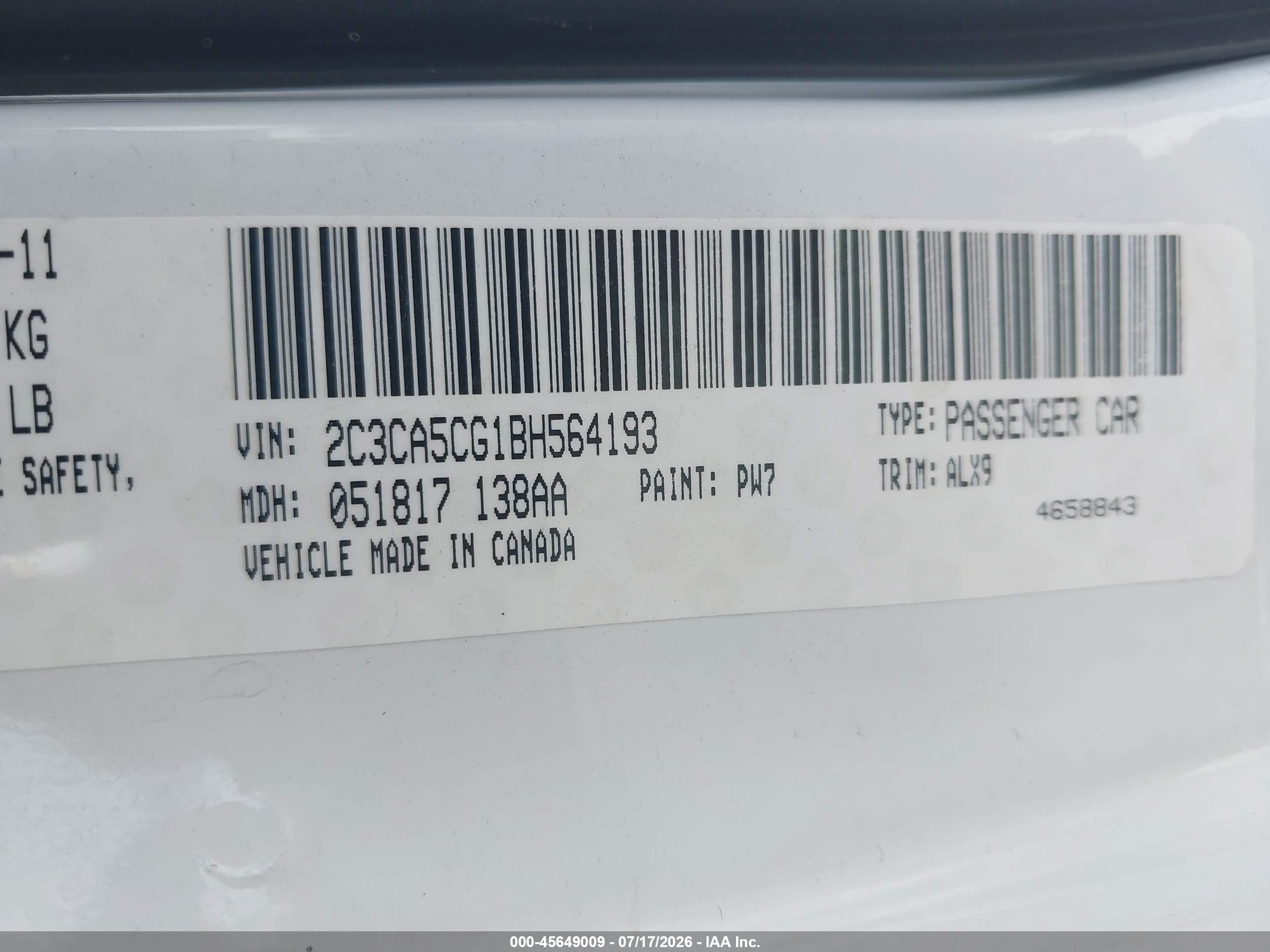 2011 Chrysler 300 Limited Белый vin: 2C3CA5CG1BH564193