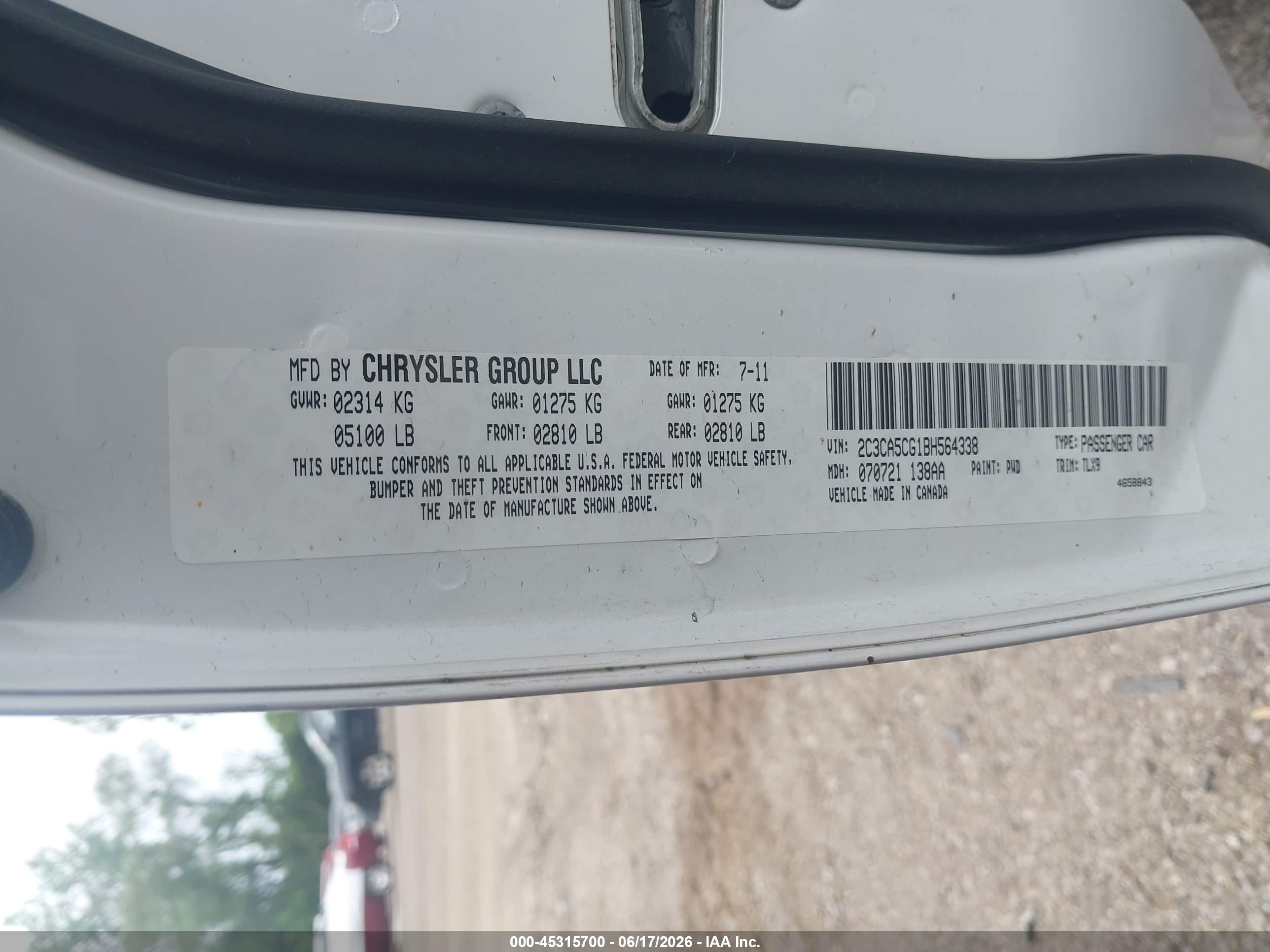 2011 Chrysler 300 Limited Белый vin: 2C3CA5CG1BH564338