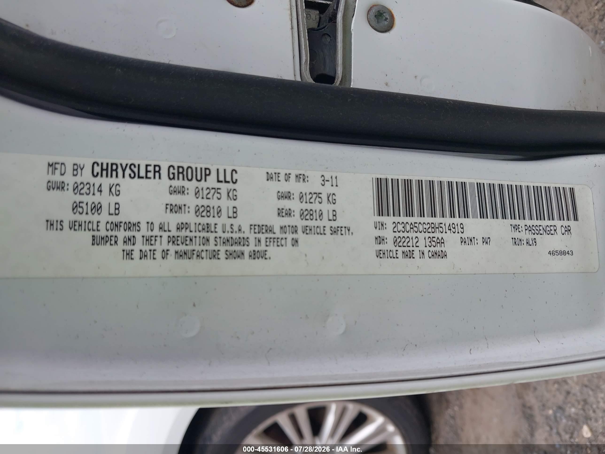 2011 Chrysler 300 Limited Белый vin: 2C3CA5CG2BH514919