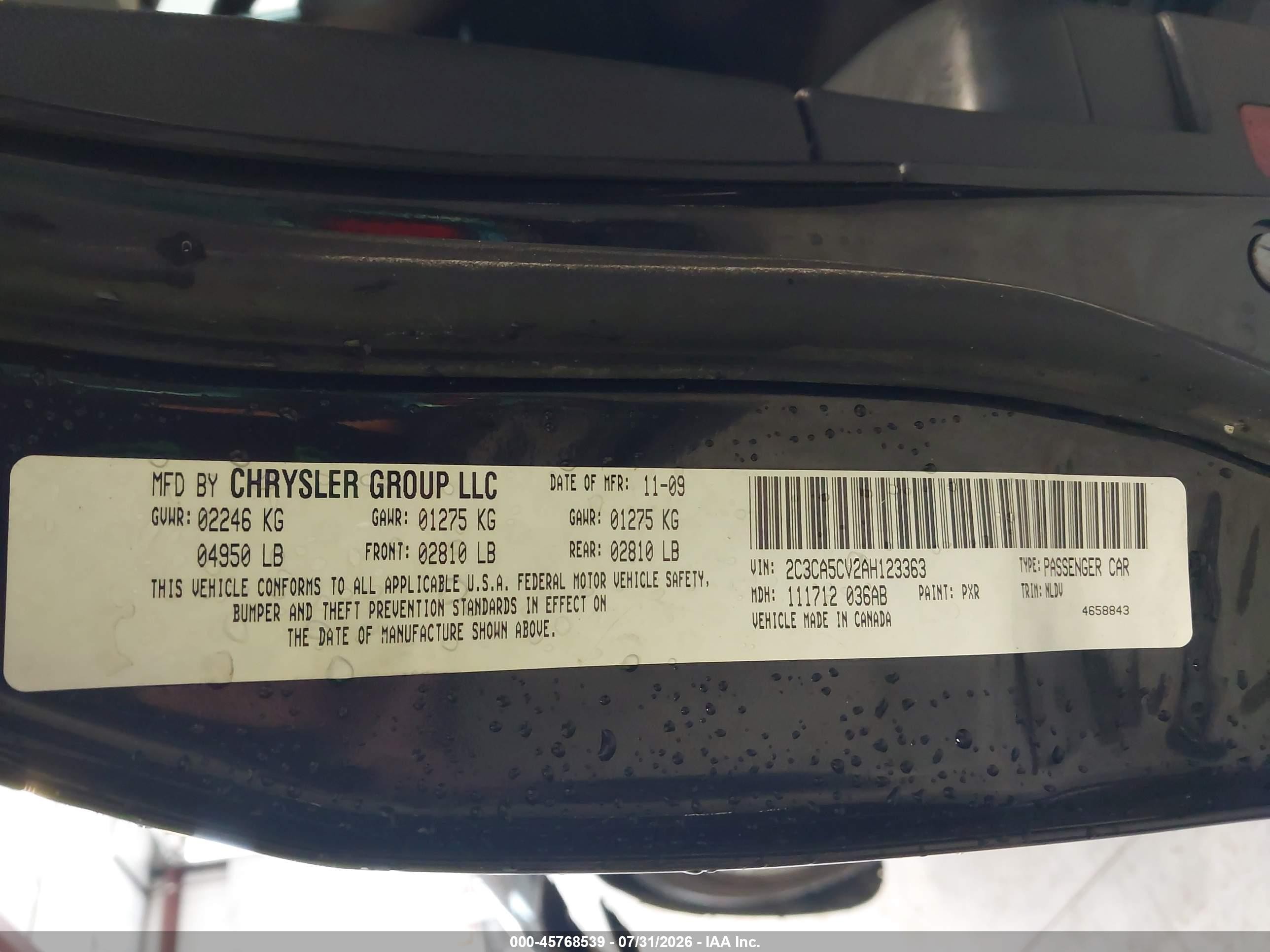 2010 Chrysler 300 Touring/signature Series/executive Series Black vin: 2C3CA5CV2AH123363
