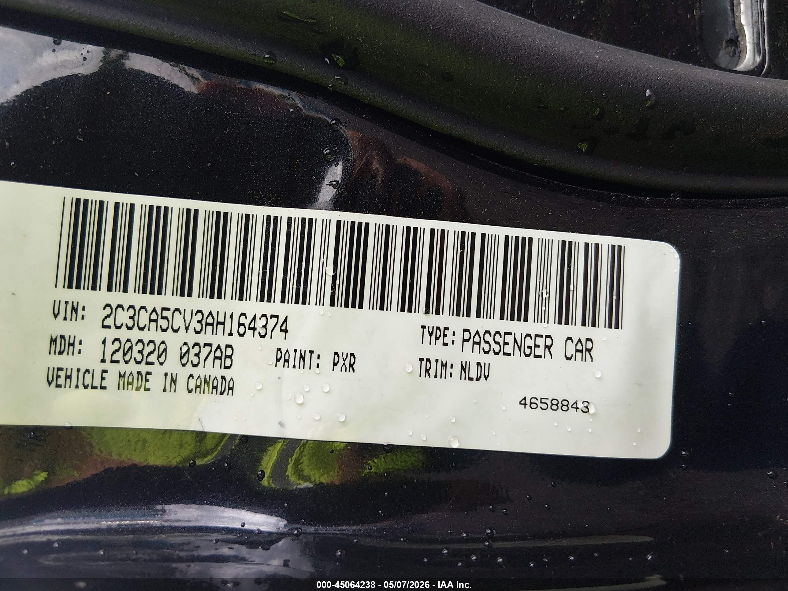 2010 Chrysler 300 Touring/signature Series/executive Series Black vin: 2C3CA5CV3AH164374