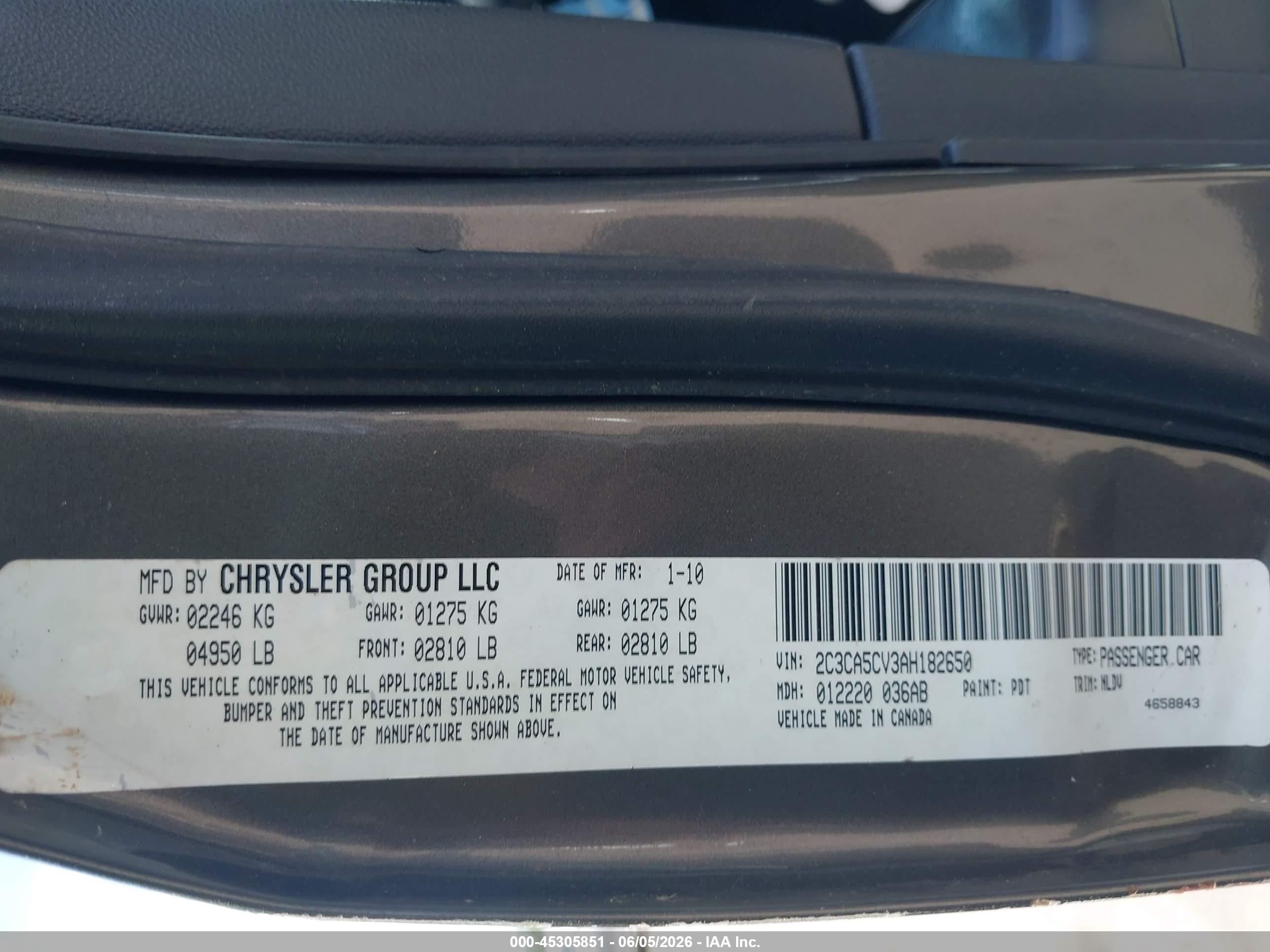 2010 Chrysler 300 Touring/signature Series/executive Series Gray vin: 2C3CA5CV3AH182650