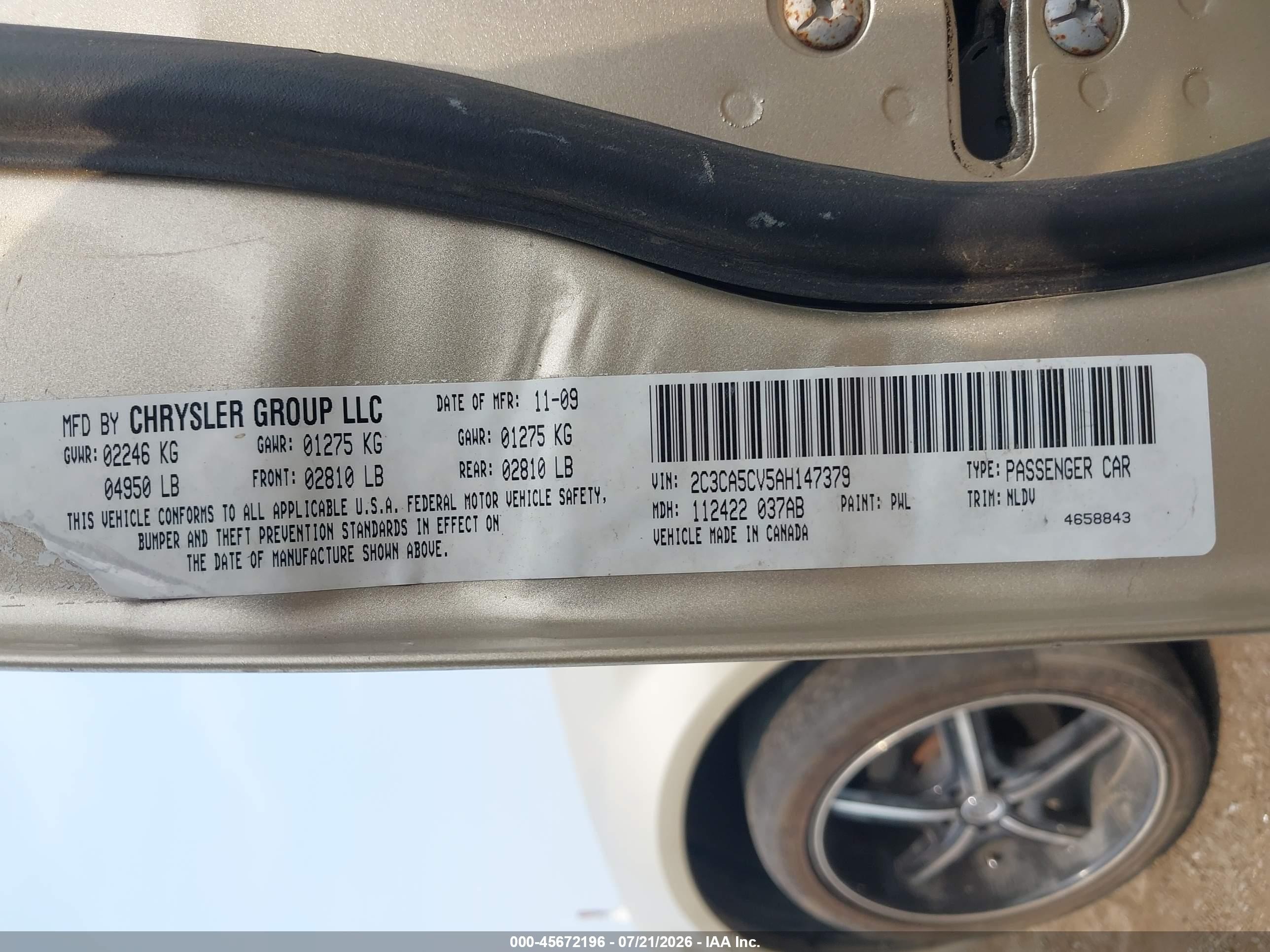 2010 Chrysler 300 Touring/signature Series/executive Series Champagne vin: 2C3CA5CV5AH147379