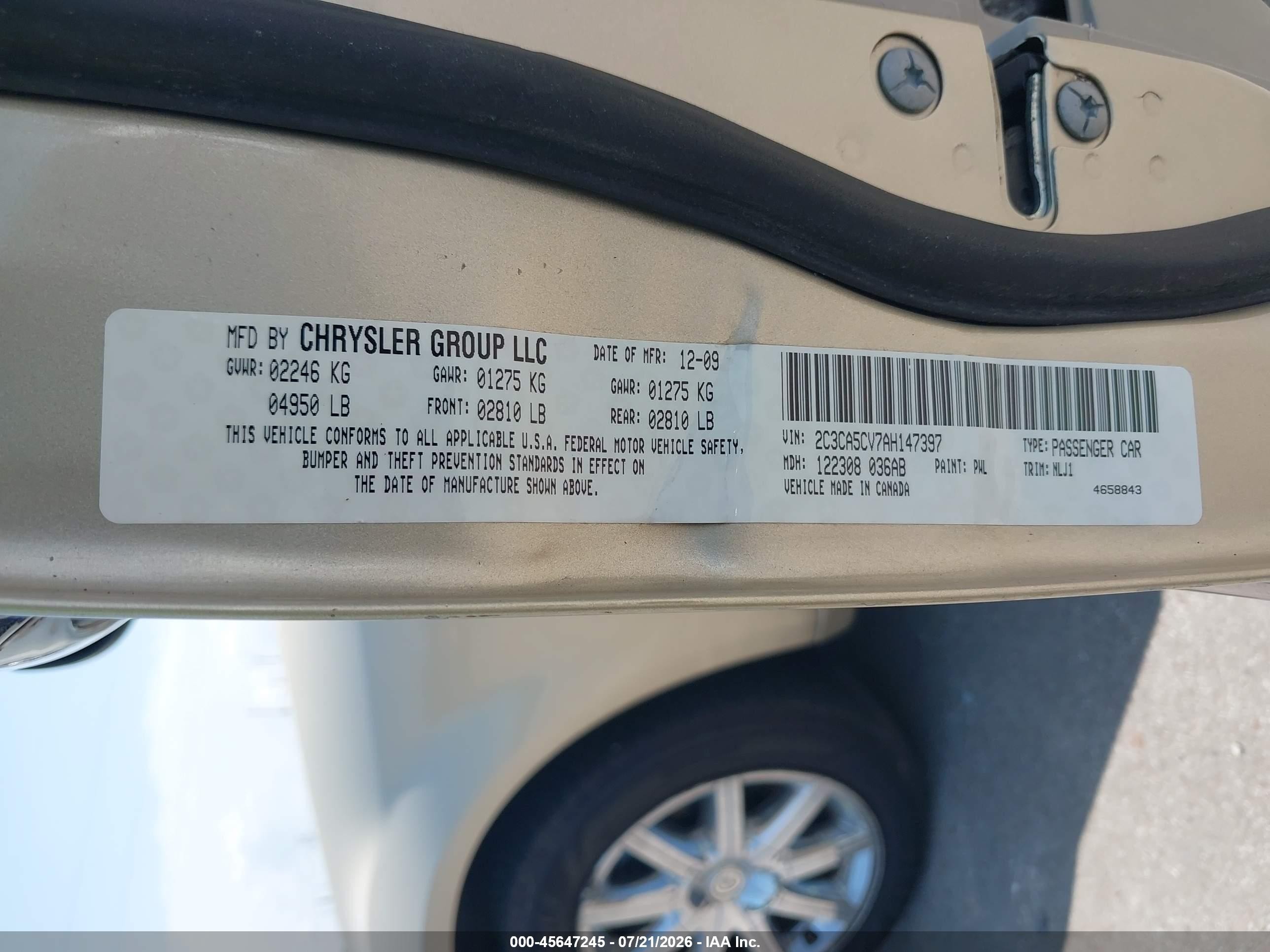 2010 Chrysler 300 Touring/signature Series/executive Series Gold vin: 2C3CA5CV7AH147397