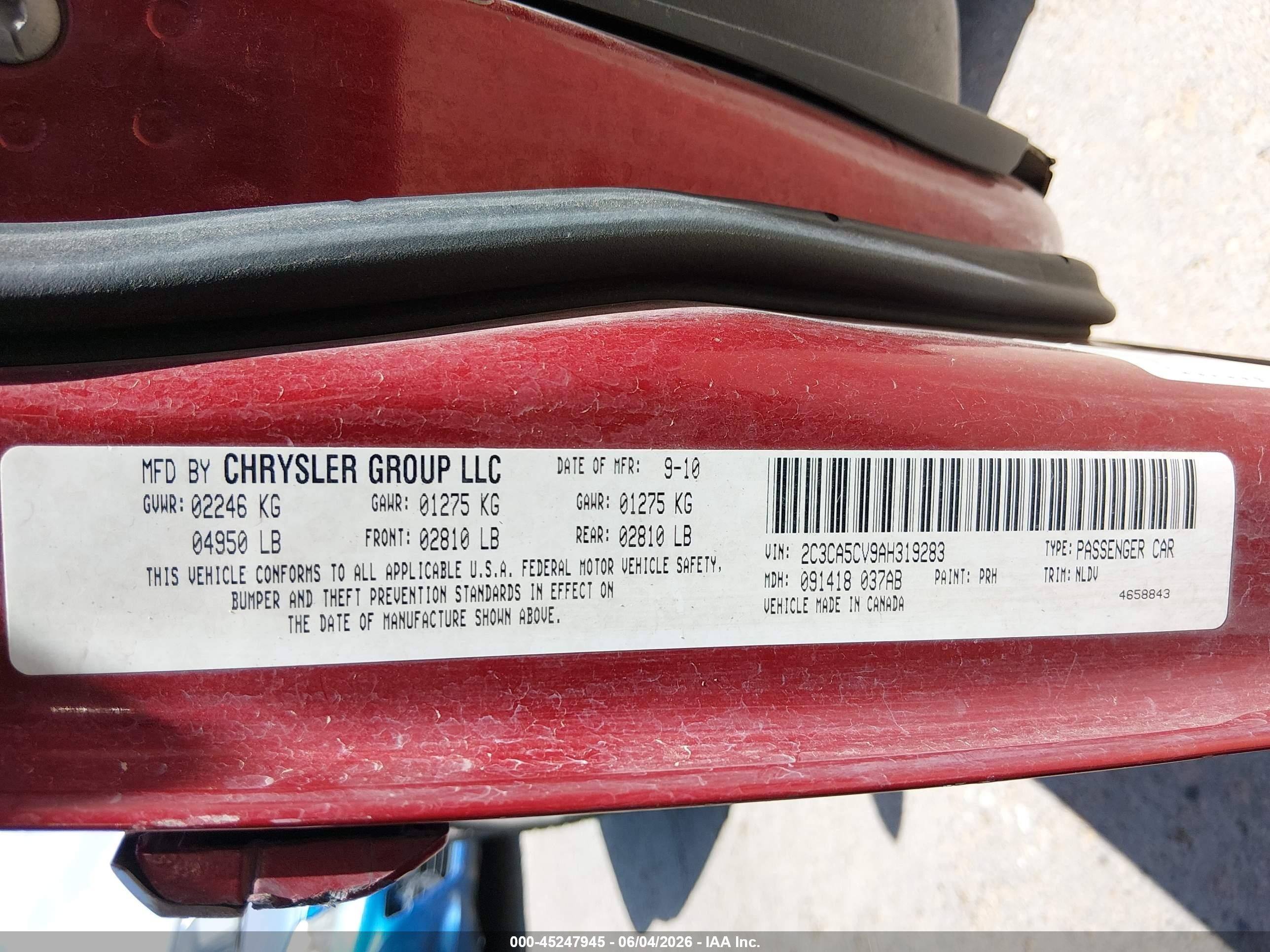 2010 Chrysler 300 Touring/signature Series/executive Series Red vin: 2C3CA5CV9AH319283