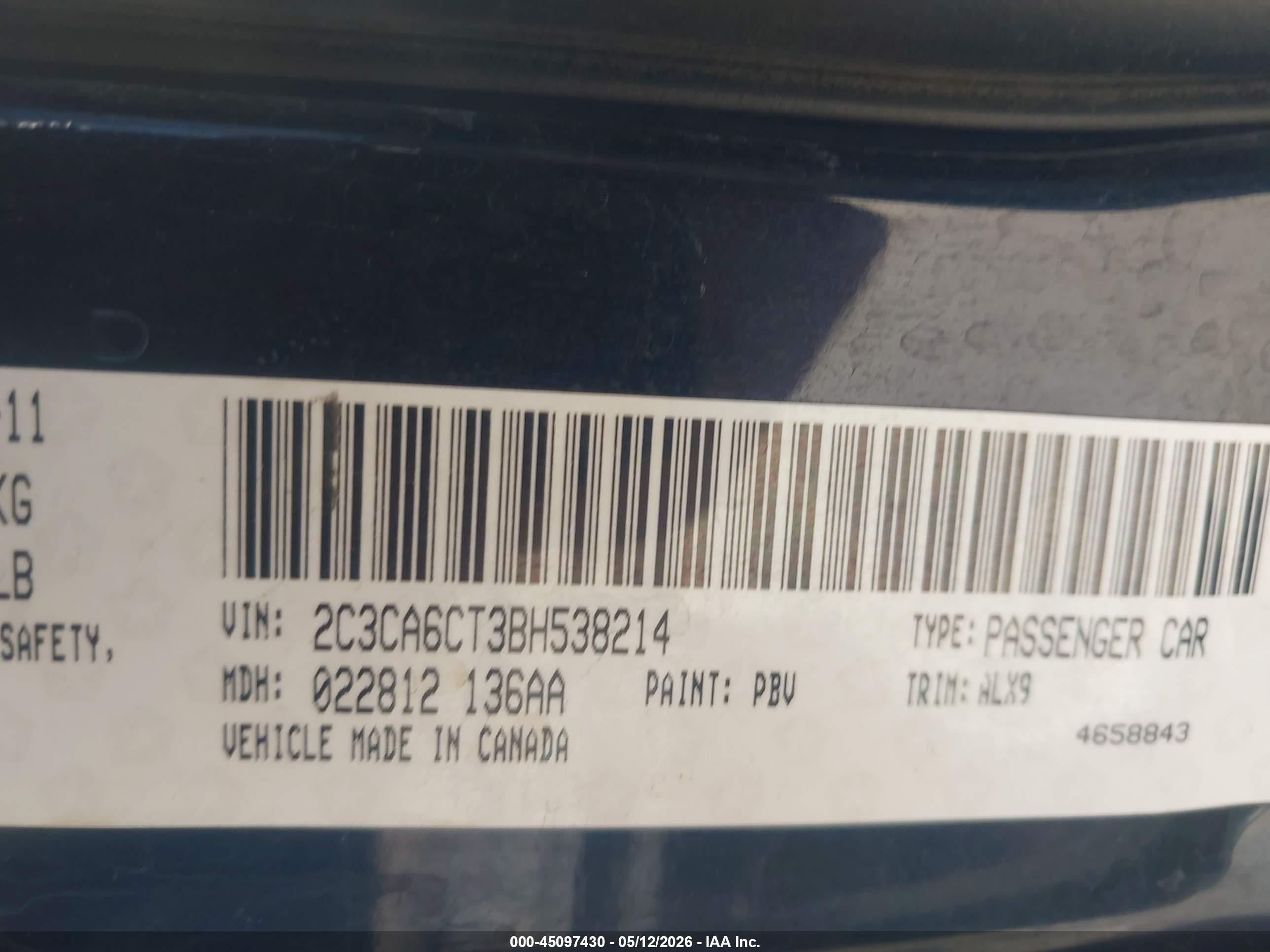 2011 Chrysler 300c   Black vin: 2C3CA6CT3BH538214