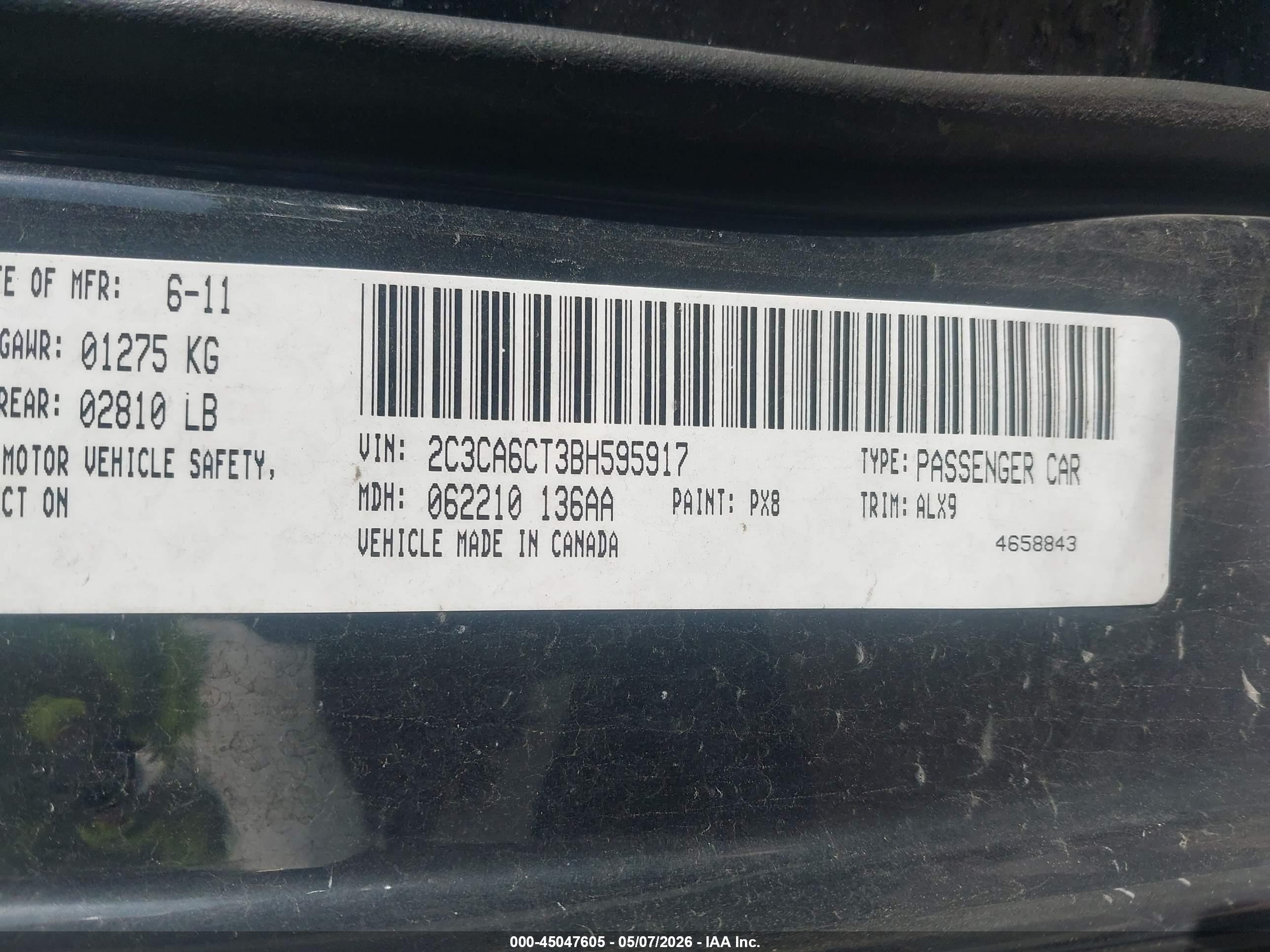 2011 Chrysler 300c   Black vin: 2C3CA6CT3BH595917