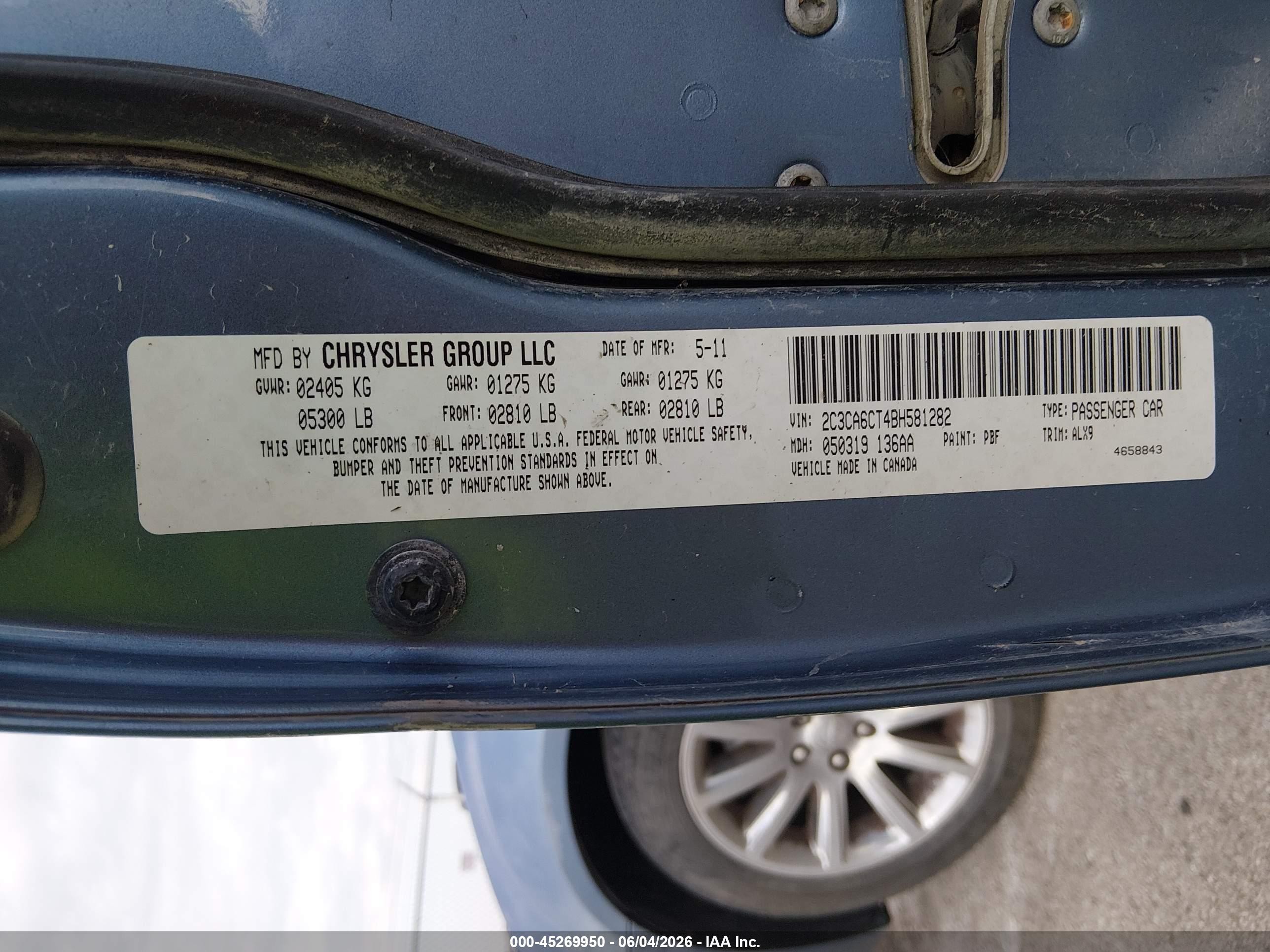 2011 Chrysler 300c   Blue vin: 2C3CA6CT4BH581282
