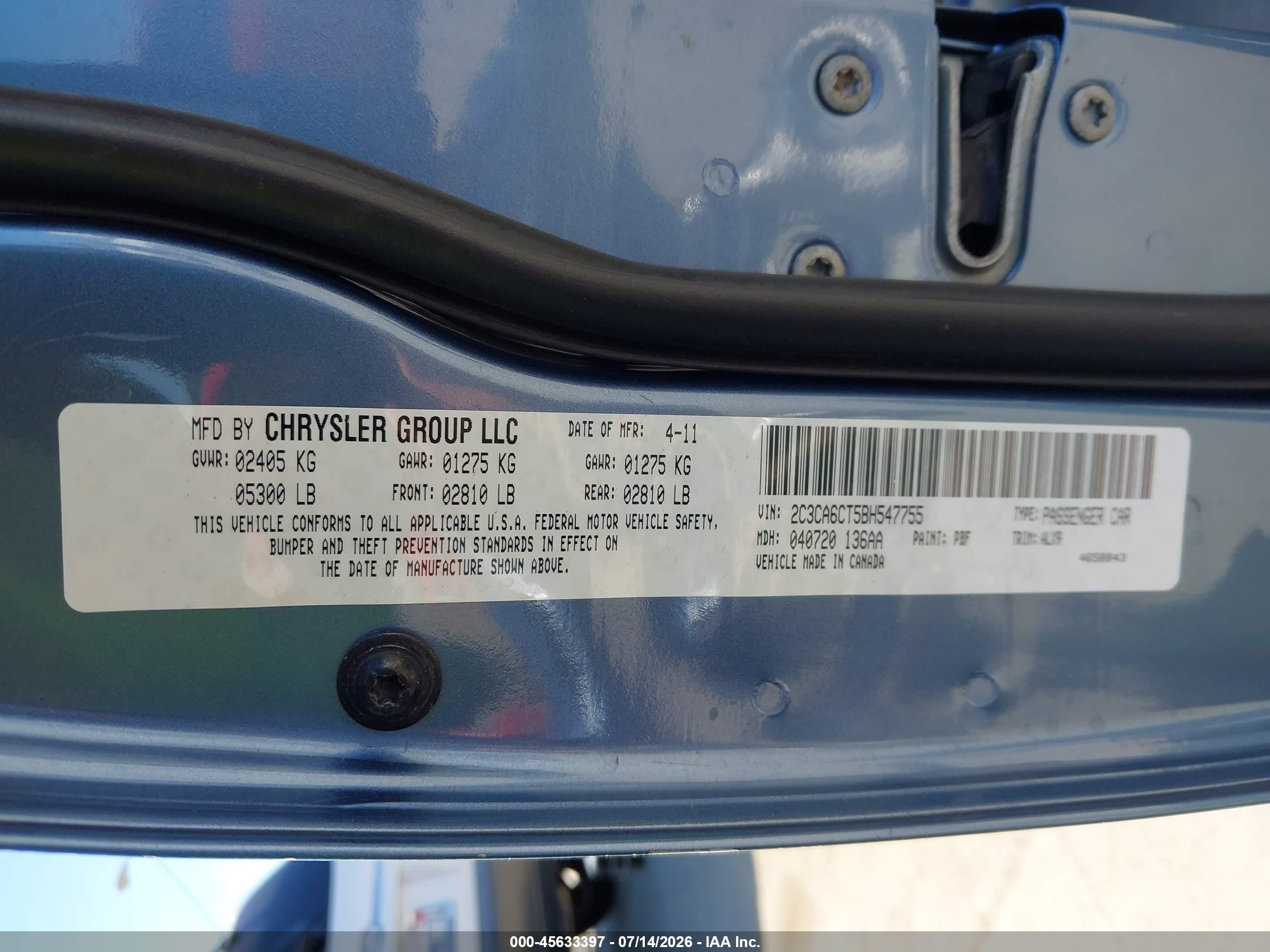 2011 Chrysler 300c   Синий vin: 2C3CA6CT5BH547755