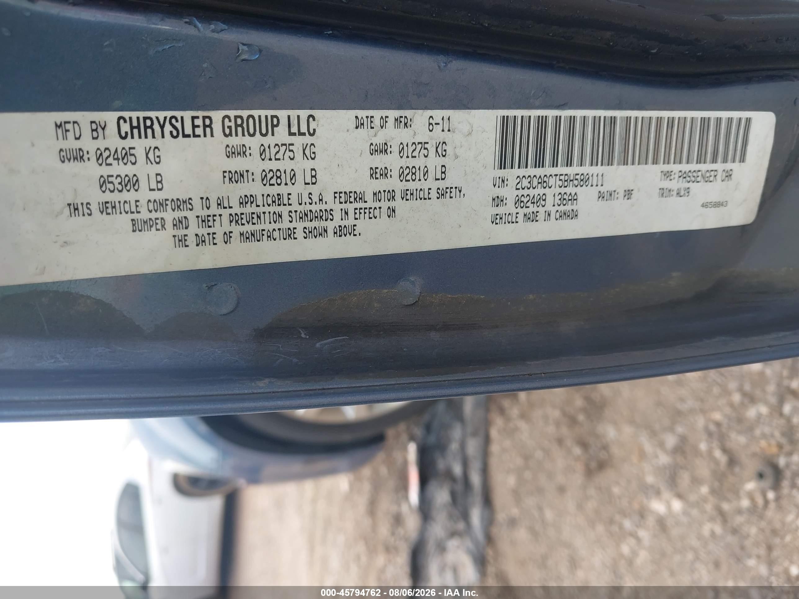 2011 Chrysler 300c   Blue vin: 2C3CA6CT5BH580111