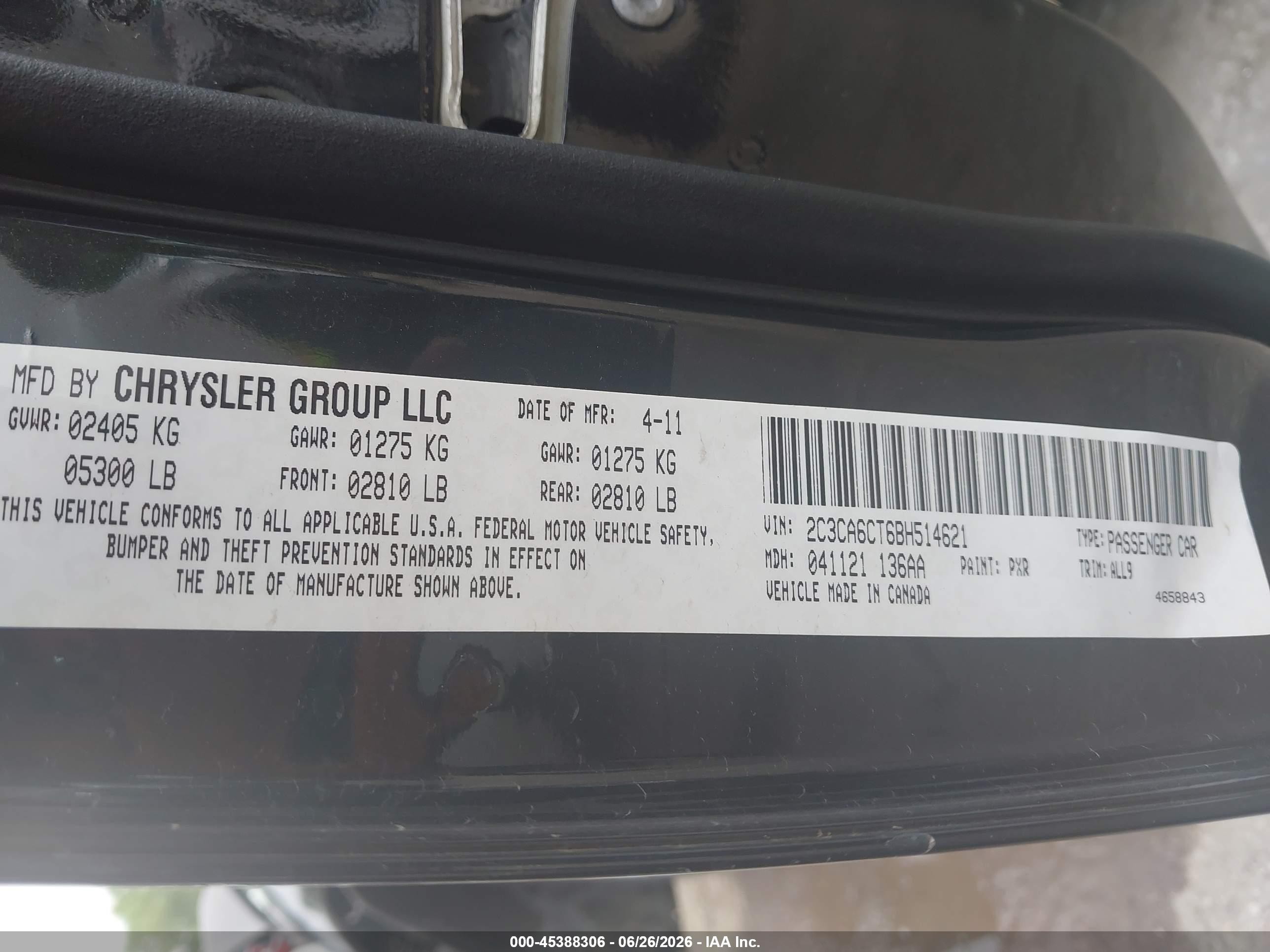 2011 Chrysler 300c   Черный vin: 2C3CA6CT6BH514621