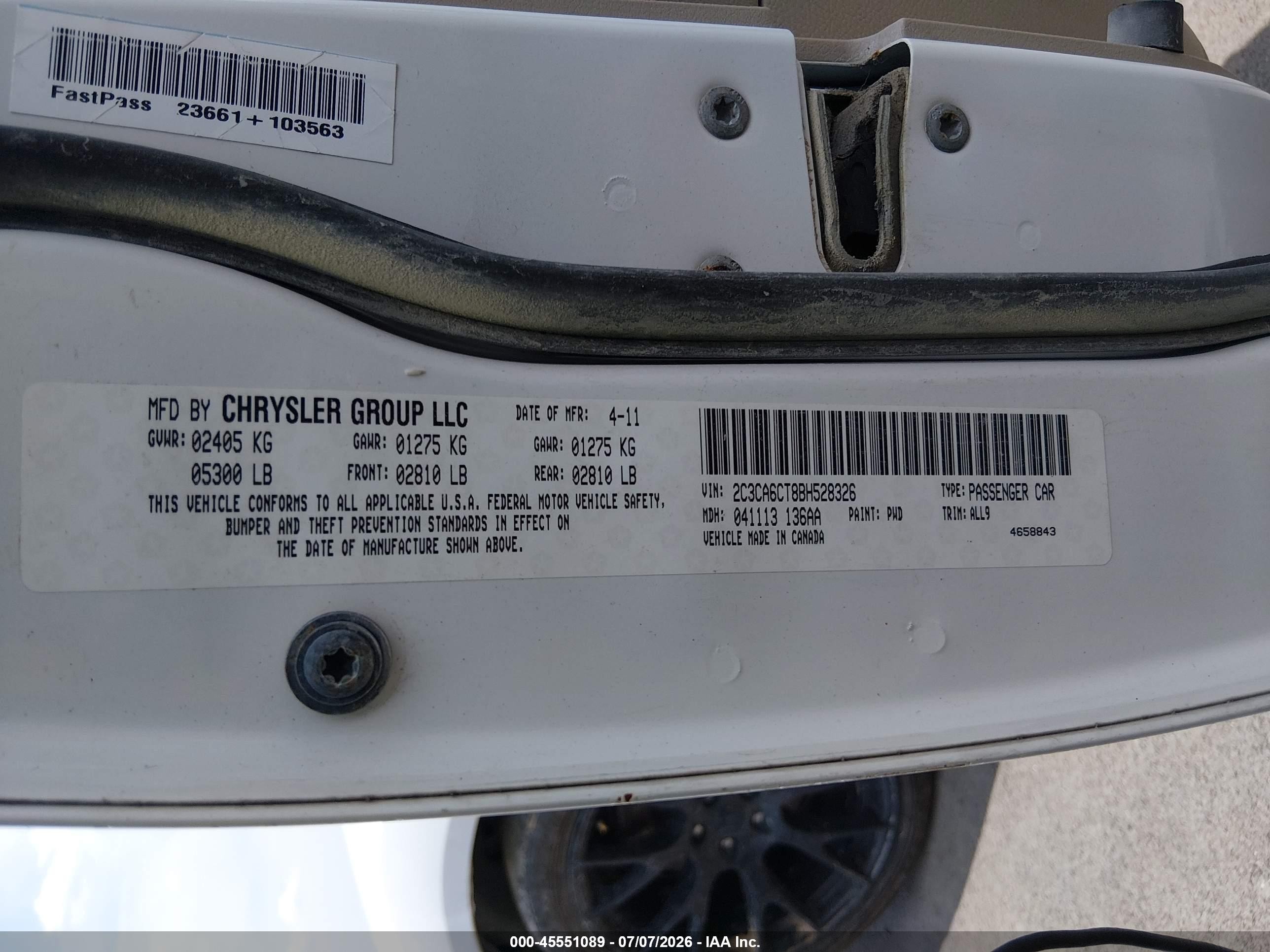 2011 Chrysler 300c   Белый vin: 2C3CA6CT8BH528326