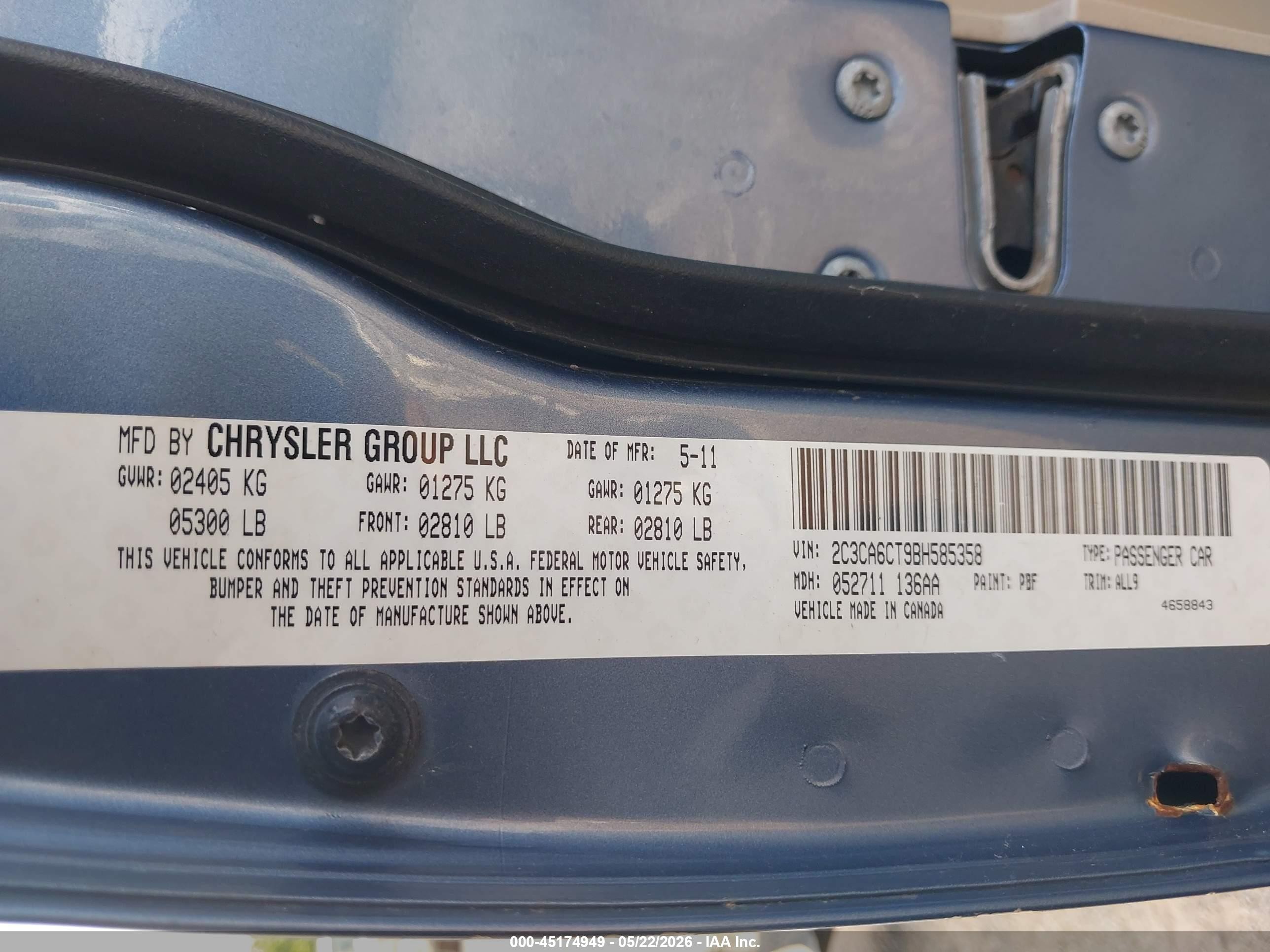 2011 Chrysler 300c   Blue vin: 2C3CA6CT9BH585358