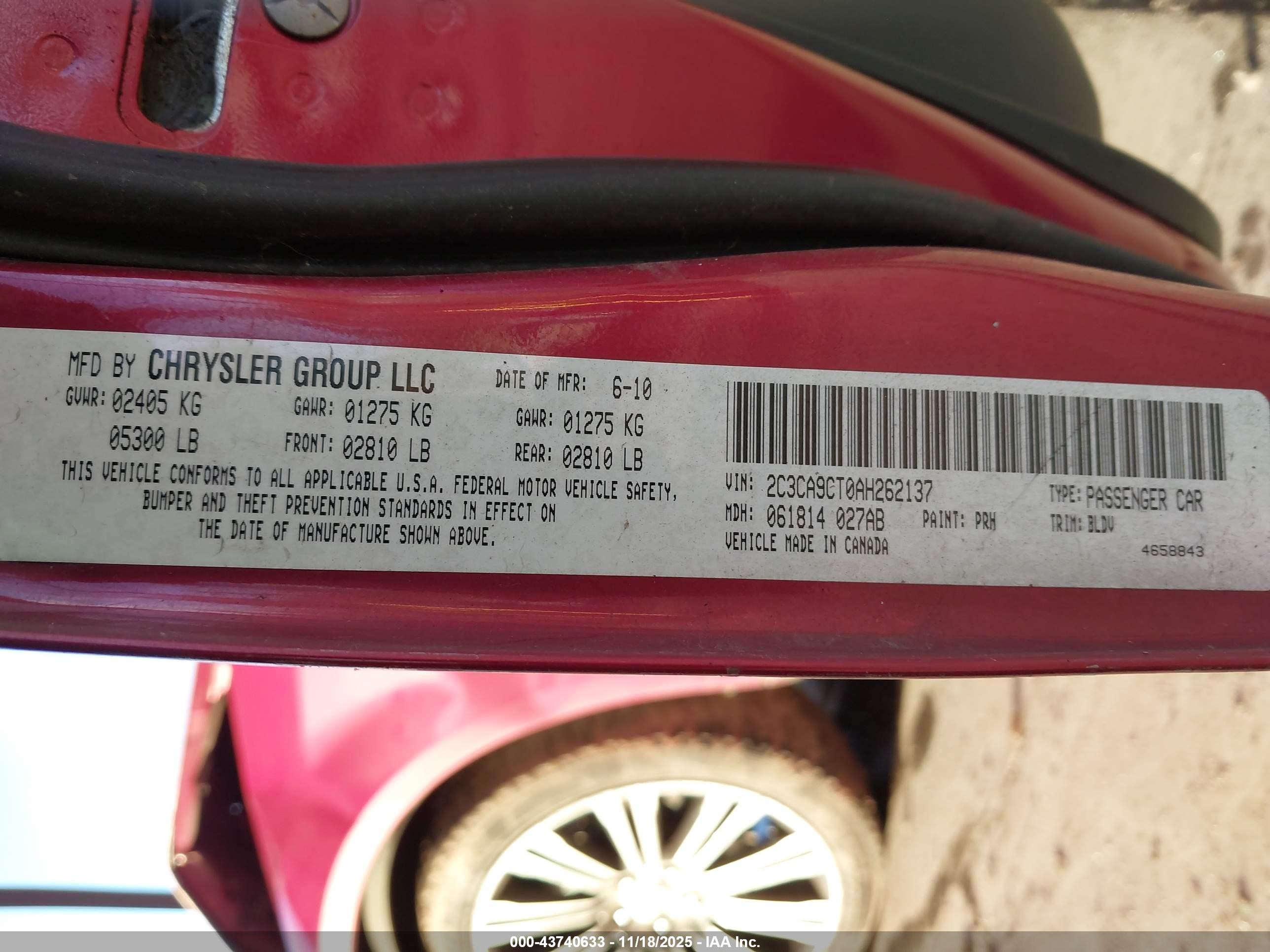 2010 Chrysler 300c V8 Red vin: 2C3CA9CT0AH262137