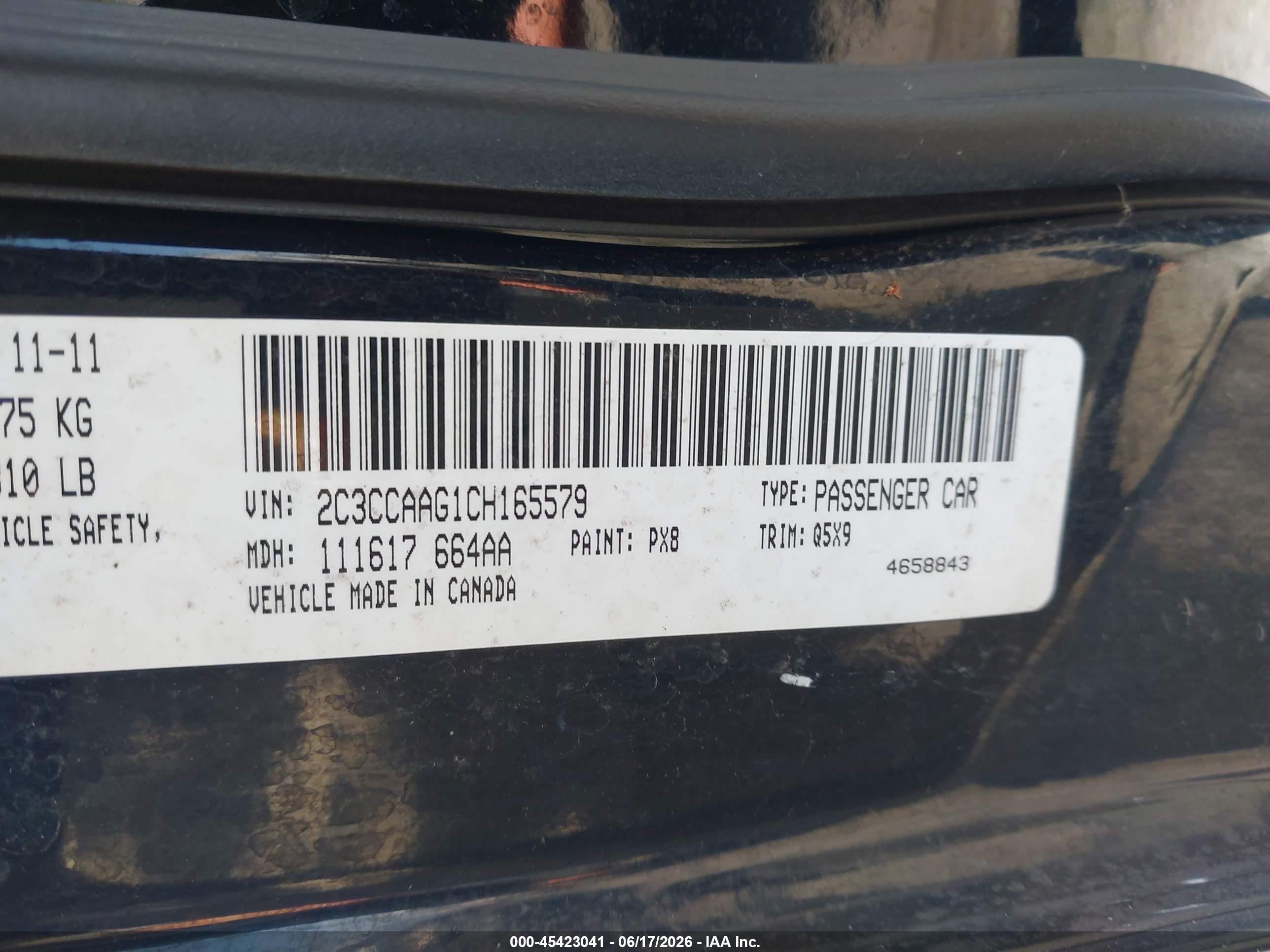 2012 Chrysler 300   Black vin: 2C3CCAAG1CH165579