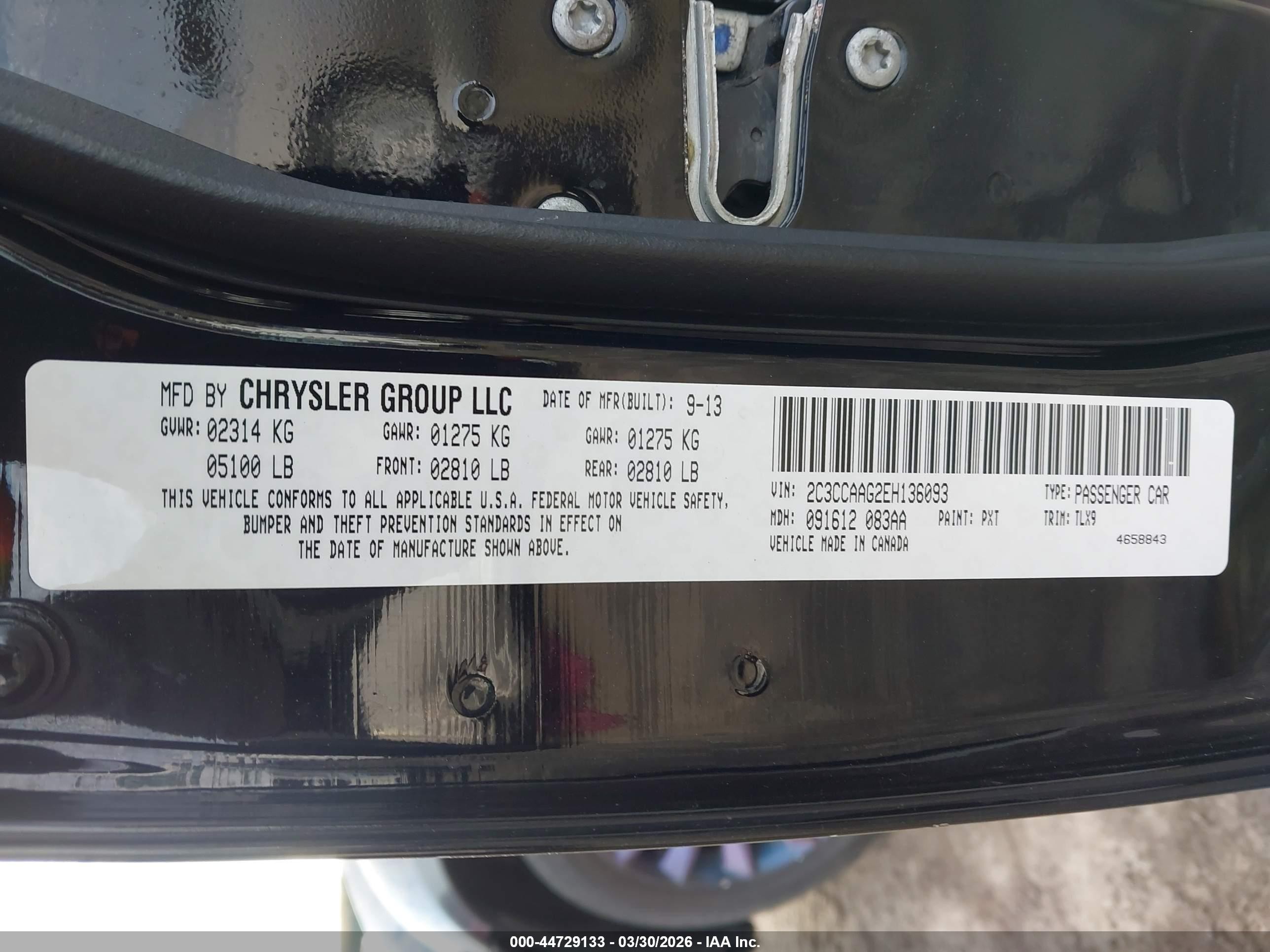 2014 Chrysler 300   Black vin: 2C3CCAAG2EH136093