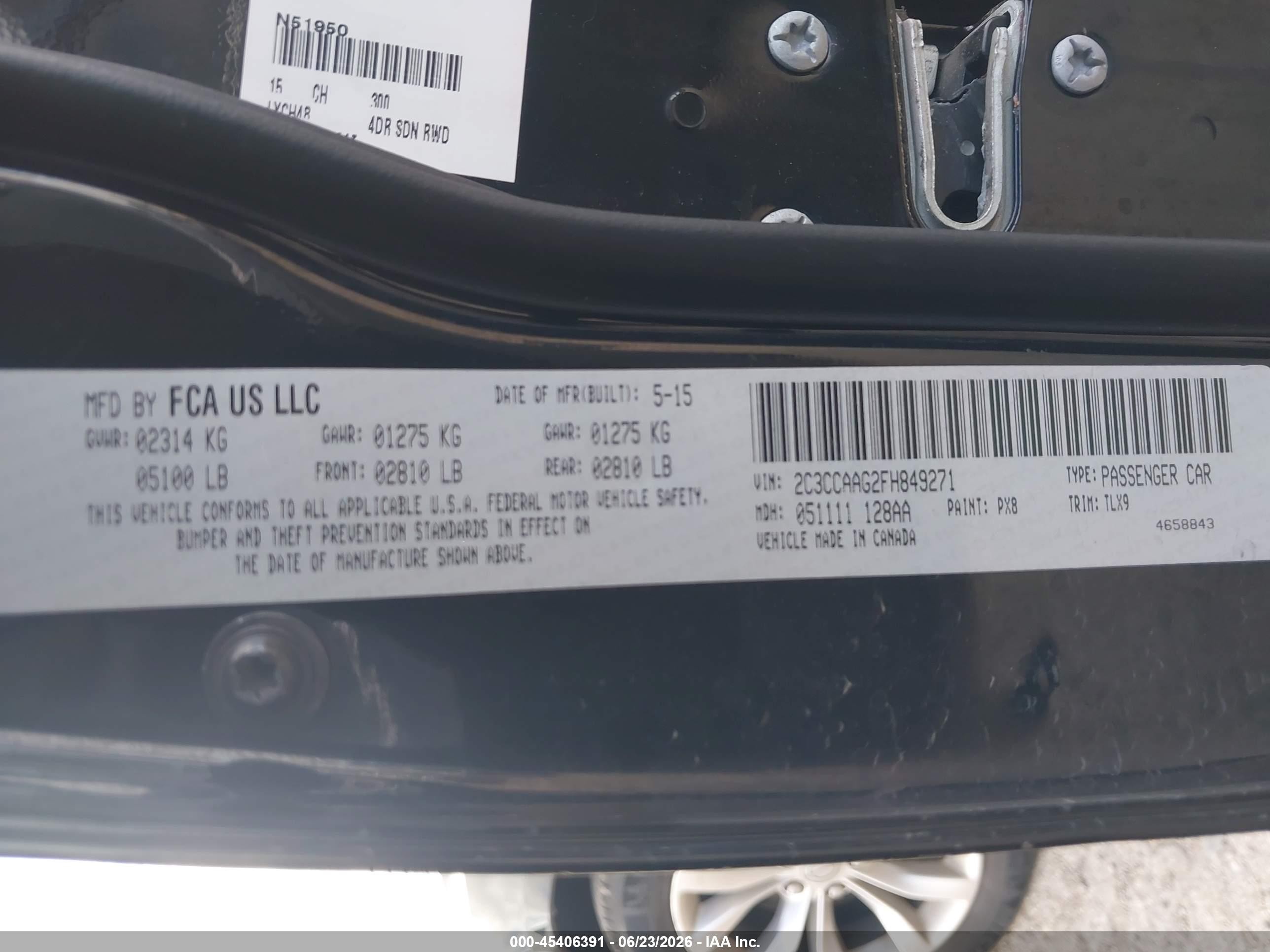 2015 Chrysler 300 Limited Black vin: 2C3CCAAG2FH849271